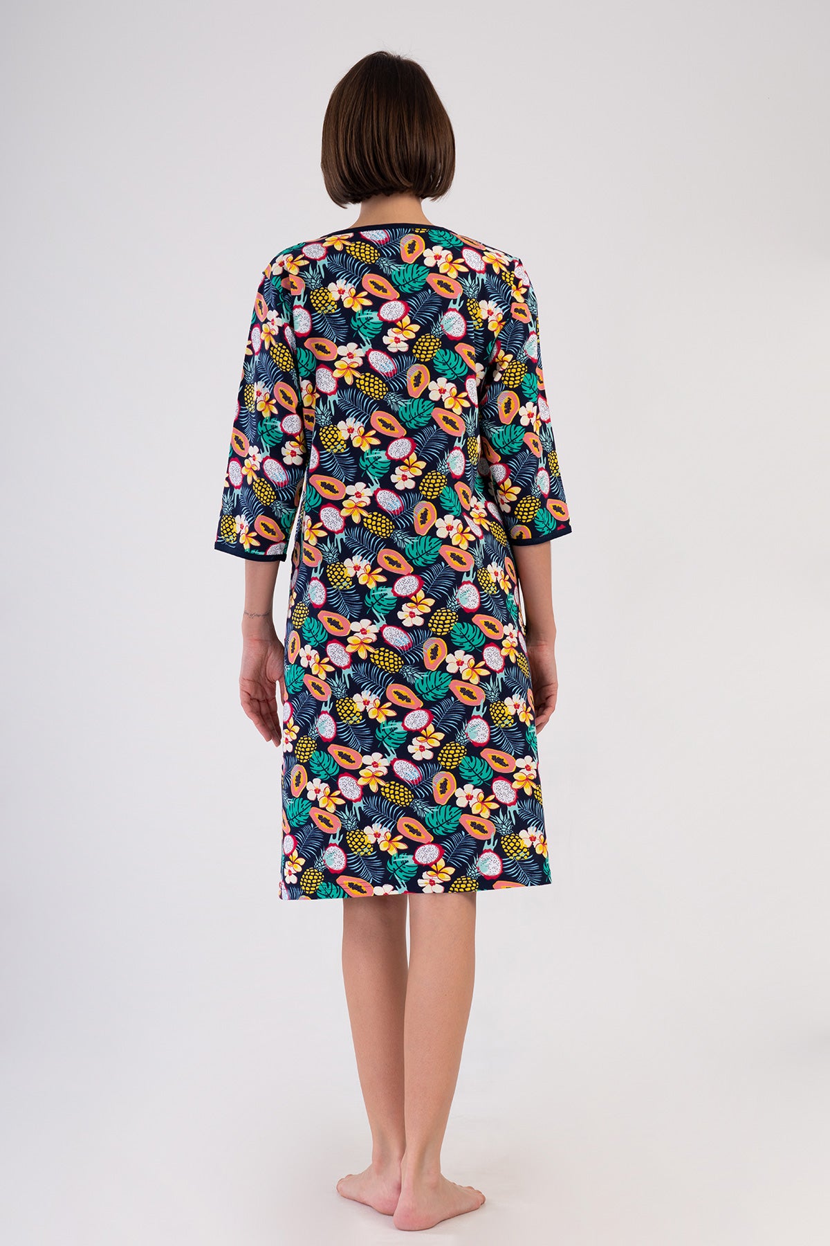 ROCHIE DE CASĂ DE DAMĂ P.SUPREM MĂRIMEA XXL, CU MÂNECĂ 3/4, CU FERMOAR ȘI BUZUNARE - BLEUMARIN ÎNCHIS