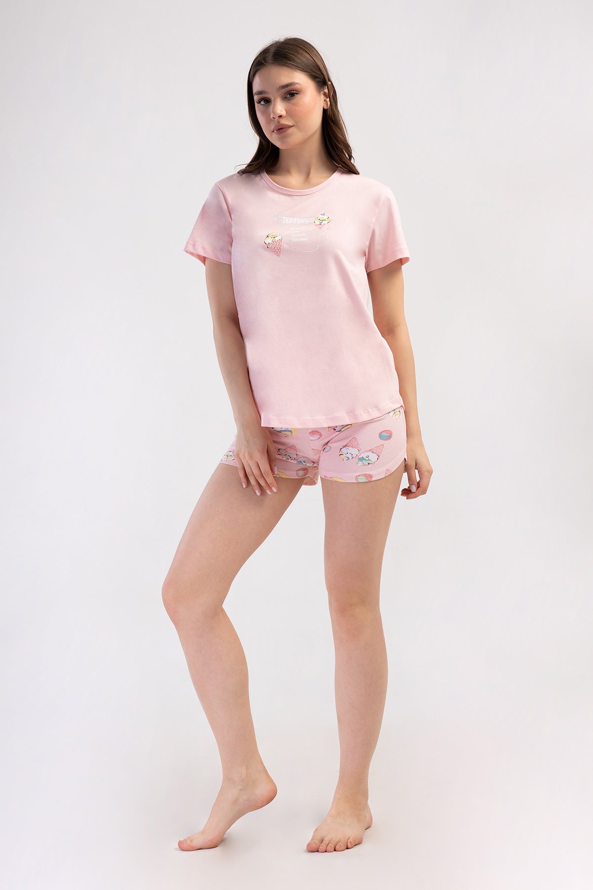 Set de pantaloni scurți cu fusta ovală și mânecă scurtă, gât rotund, LYC SUPREM pentru FEMEI - ROZ