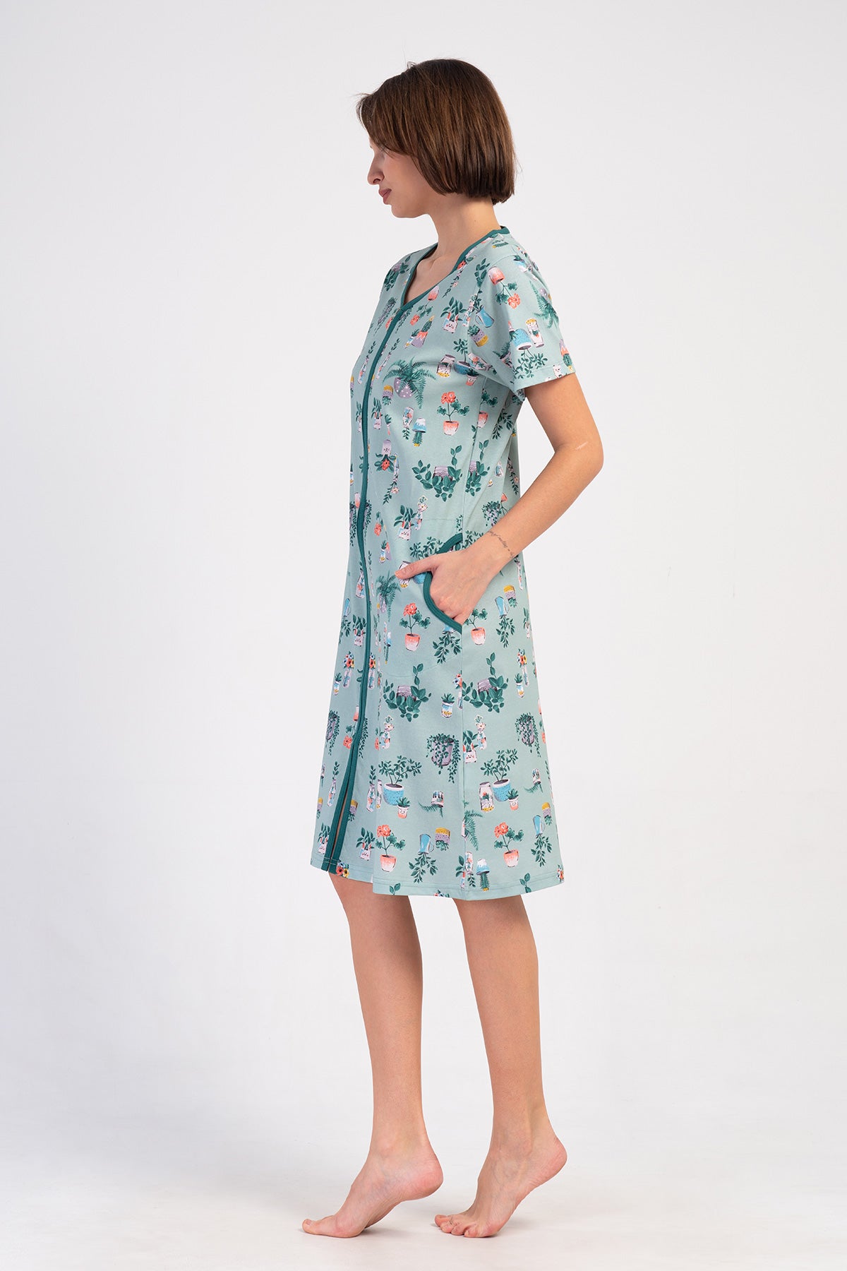 ROCHIE DE CASĂ DE DAMĂ CU MÂNECĂ SCURTĂ, FERMOAR ȘI BUZUNARE P.SUPREM - VERDE