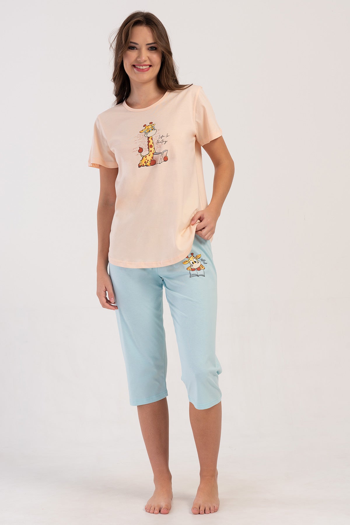 FEMEIE P.SUPREM Guler rotund Mânecă scurtă Fustă ovală Set capri - BABY PINK