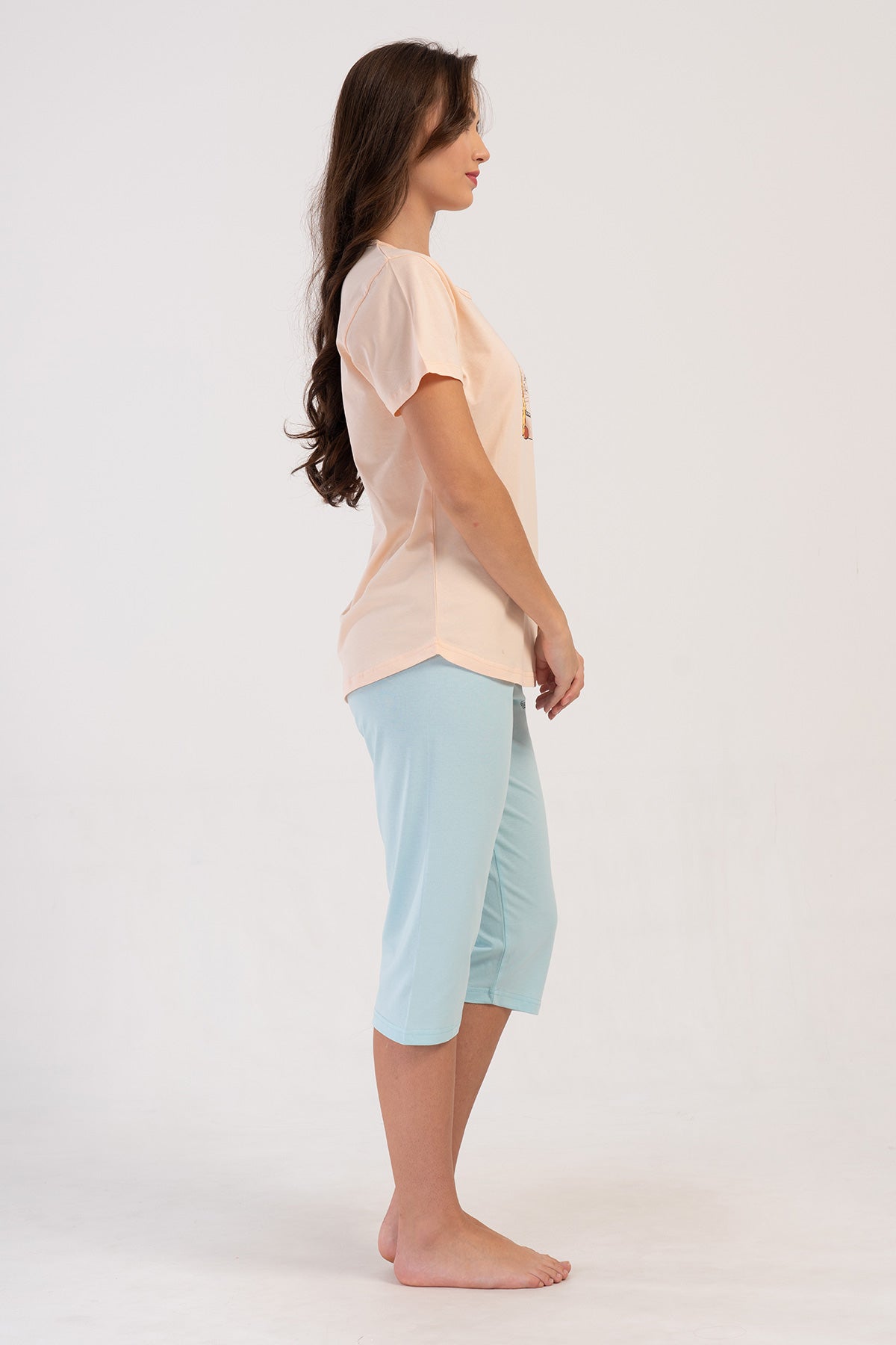FEMEIE P.SUPREM Guler rotund Mânecă scurtă Fustă ovală Set capri - BABY PINK