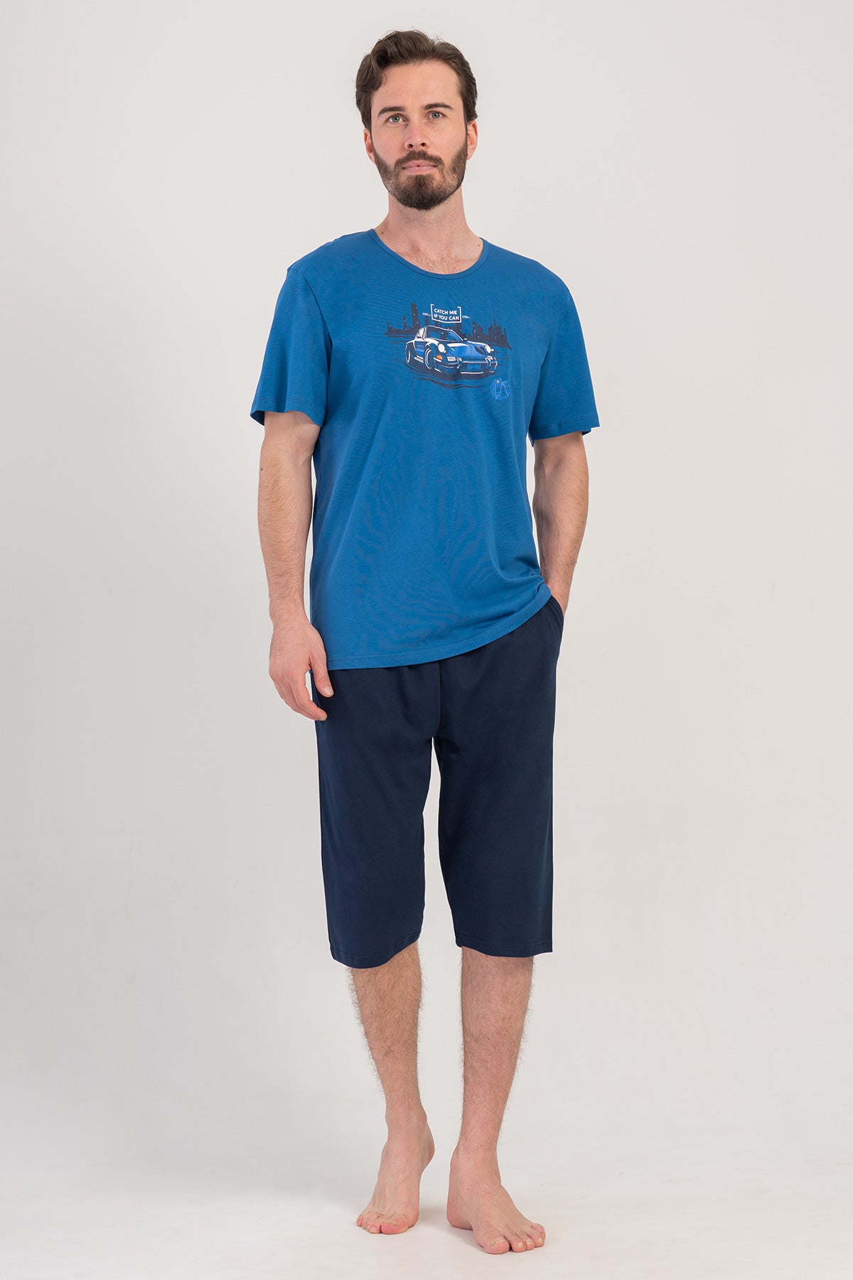 SET CAPRI BĂRBAȚI CU BUZUNARE TRICOU MÂNECĂ SCURTĂ GÂT ROTUND - A.INDIGO