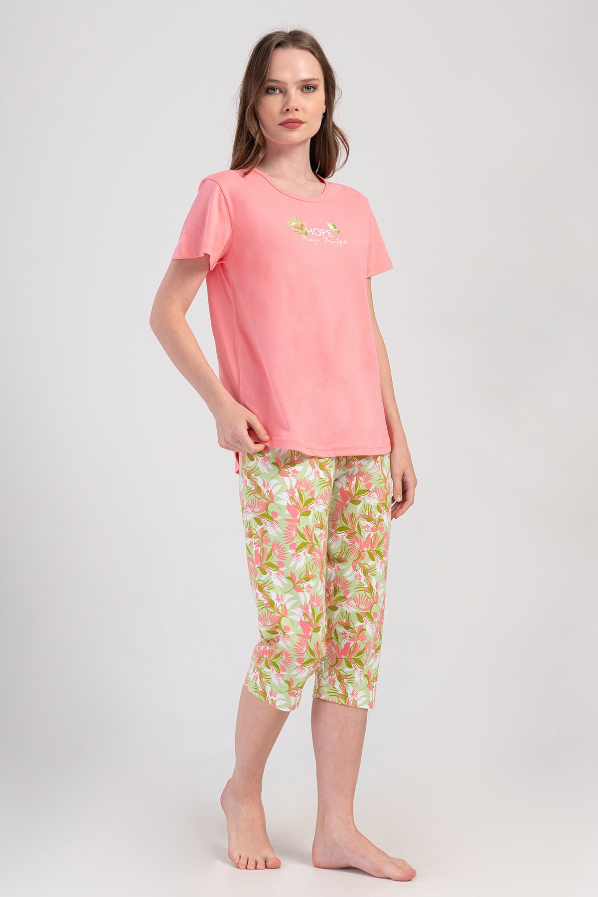 SET DAMĂ CAPRI COTTONPINK CU GÂT ROTUND, MÂNECĂ SCURTĂ ȘI BORDURĂ OVALĂ - BUMBAC ROZ