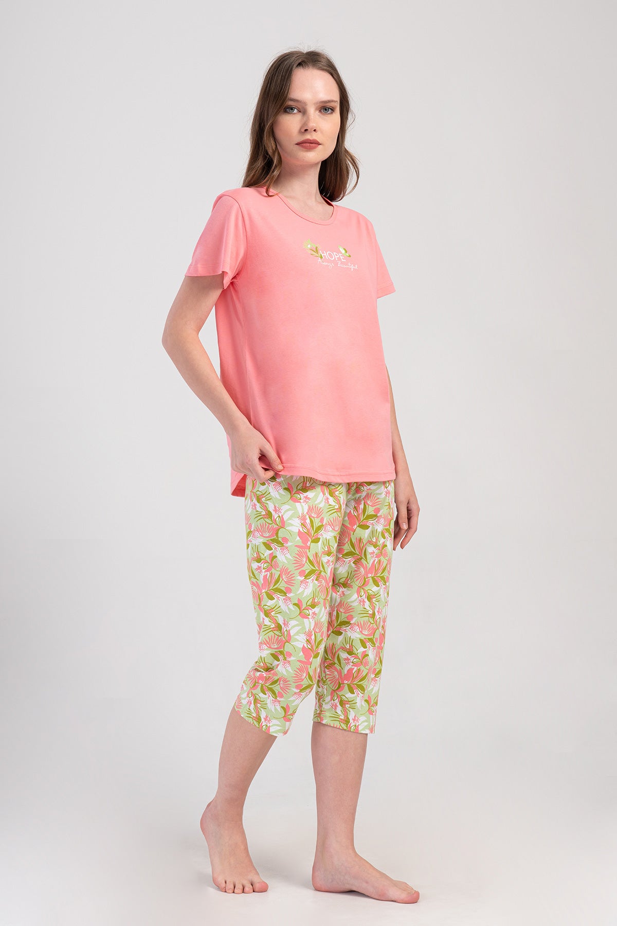 SET DAMĂ CAPRI COTTONPINK CU GÂT ROTUND, MÂNECĂ SCURTĂ ȘI BORDURĂ OVALĂ - BUMBAC ROZ