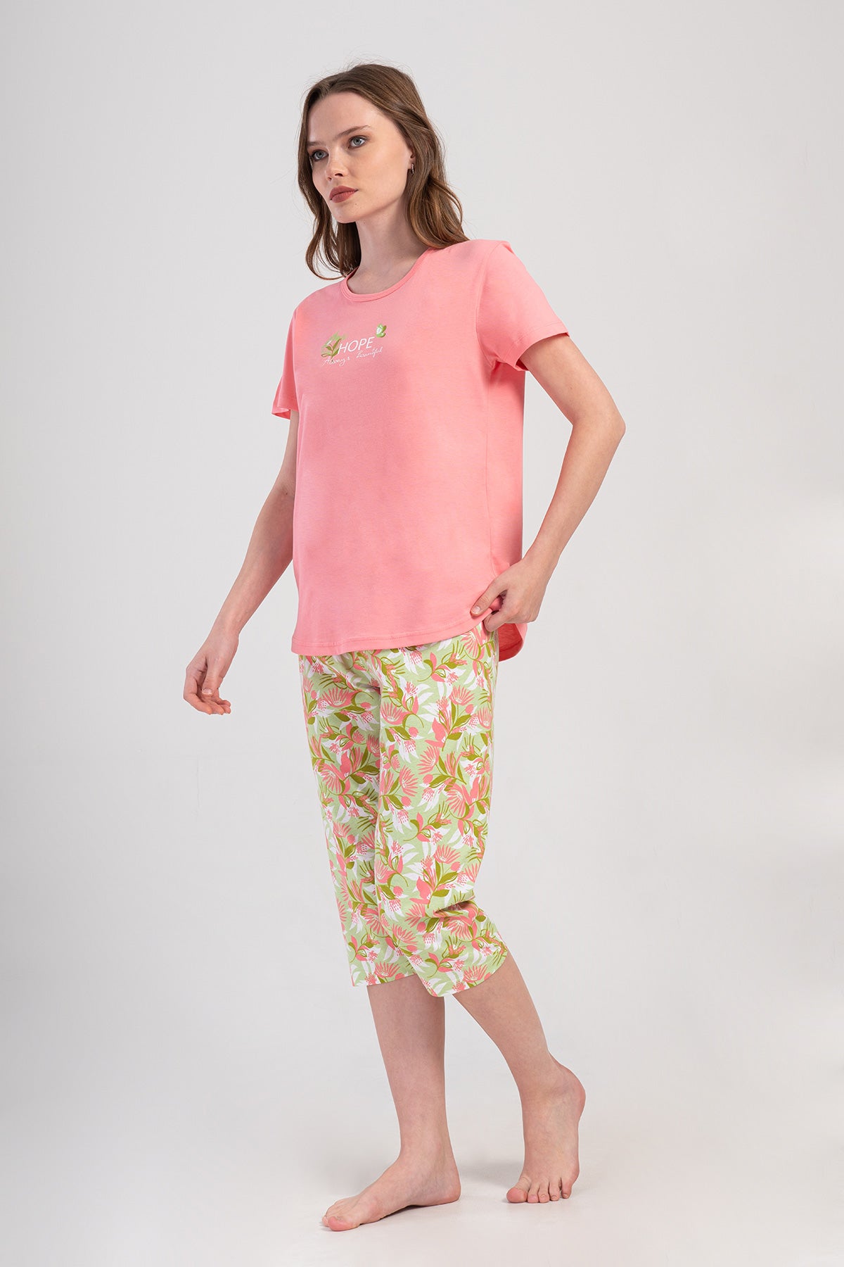SET DAMĂ CAPRI COTTONPINK CU GÂT ROTUND, MÂNECĂ SCURTĂ ȘI BORDURĂ OVALĂ - BUMBAC ROZ