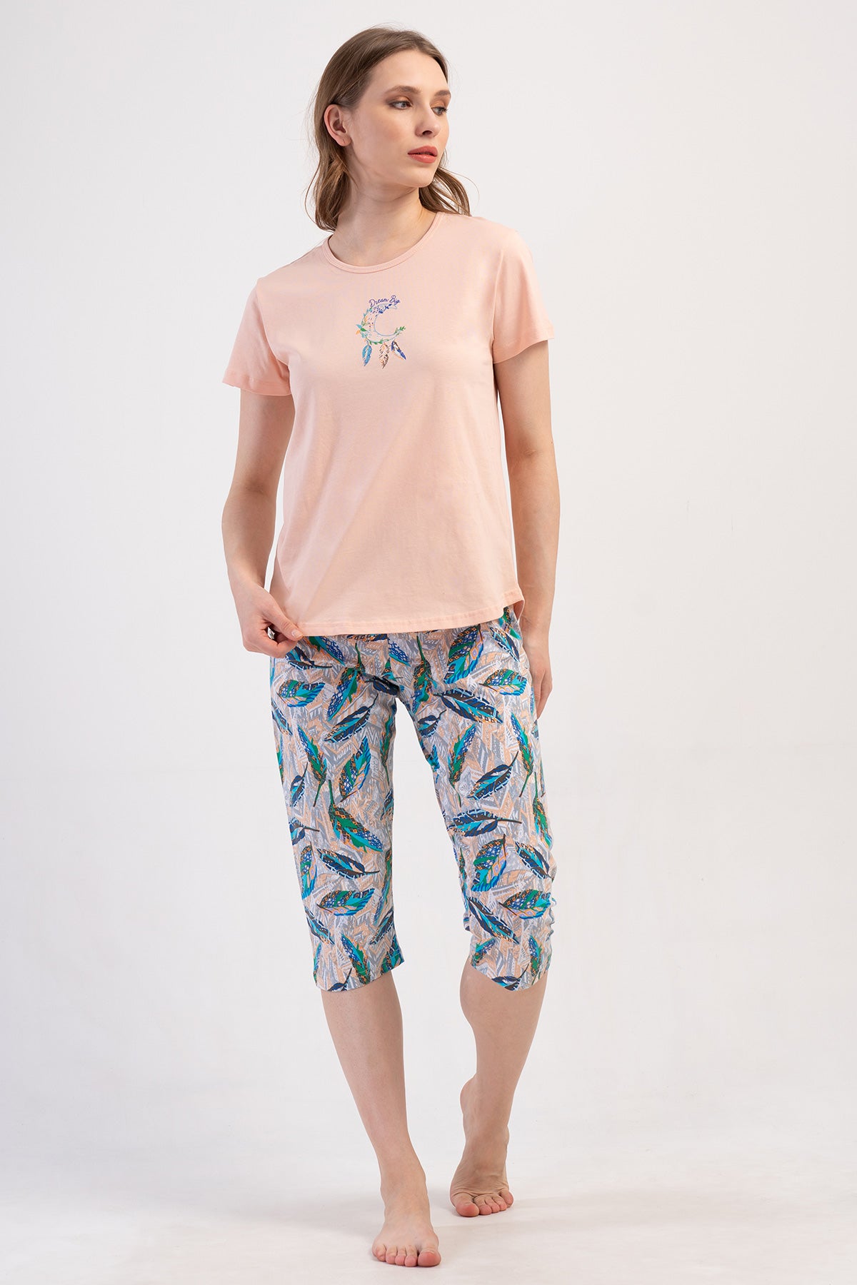 SET FEMEI P.SUPREM Guler O, Mânecă Scurtă, Tiv Oval, Pantaloni Capri - BABY PINK