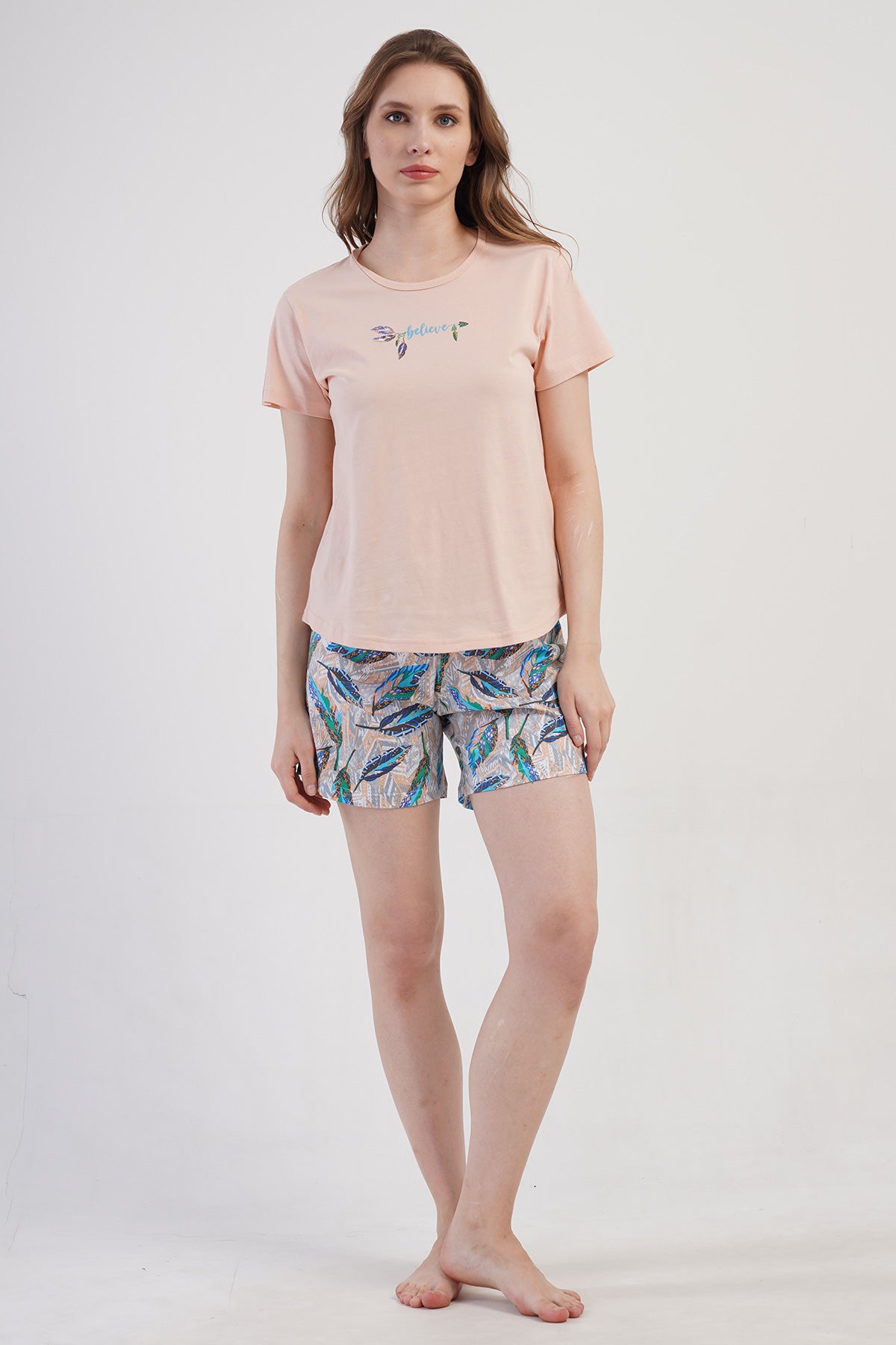 FEMEIE P.SUPREM DECOLTEU ROTUND MÂNECĂ SCURTĂ FUSTĂ OVALĂ COSTUM DE PANTALONI SCURȚI - BABY PINK