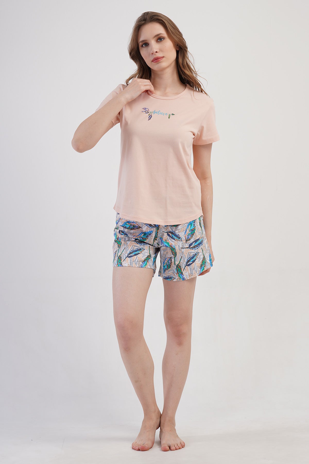 FEMEIE P.SUPREM DECOLTEU ROTUND MÂNECĂ SCURTĂ FUSTĂ OVALĂ COSTUM DE PANTALONI SCURȚI - BABY PINK
