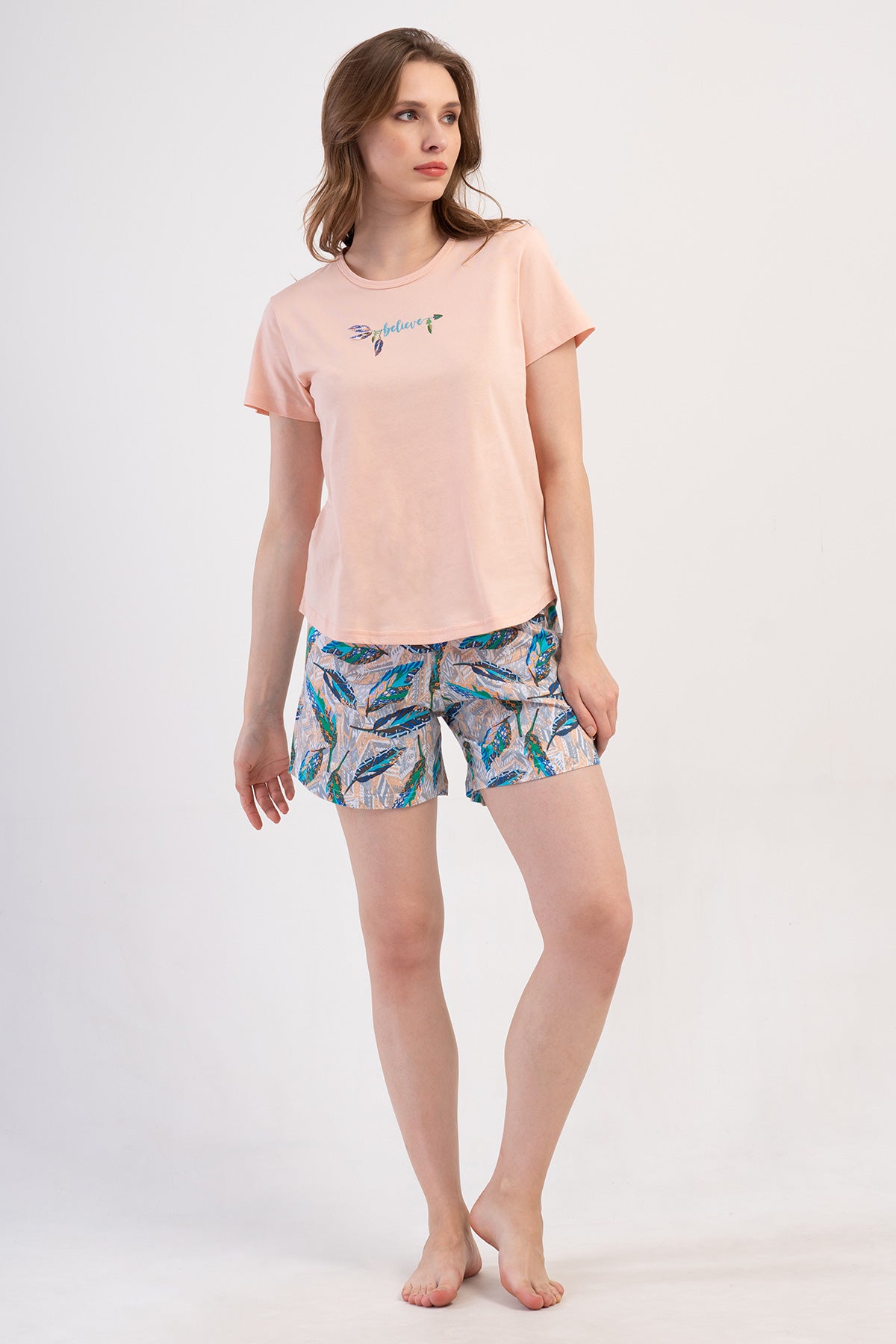 FEMEIE P.SUPREM DECOLTEU ROTUND MÂNECĂ SCURTĂ FUSTĂ OVALĂ COSTUM DE PANTALONI SCURȚI - BABY PINK