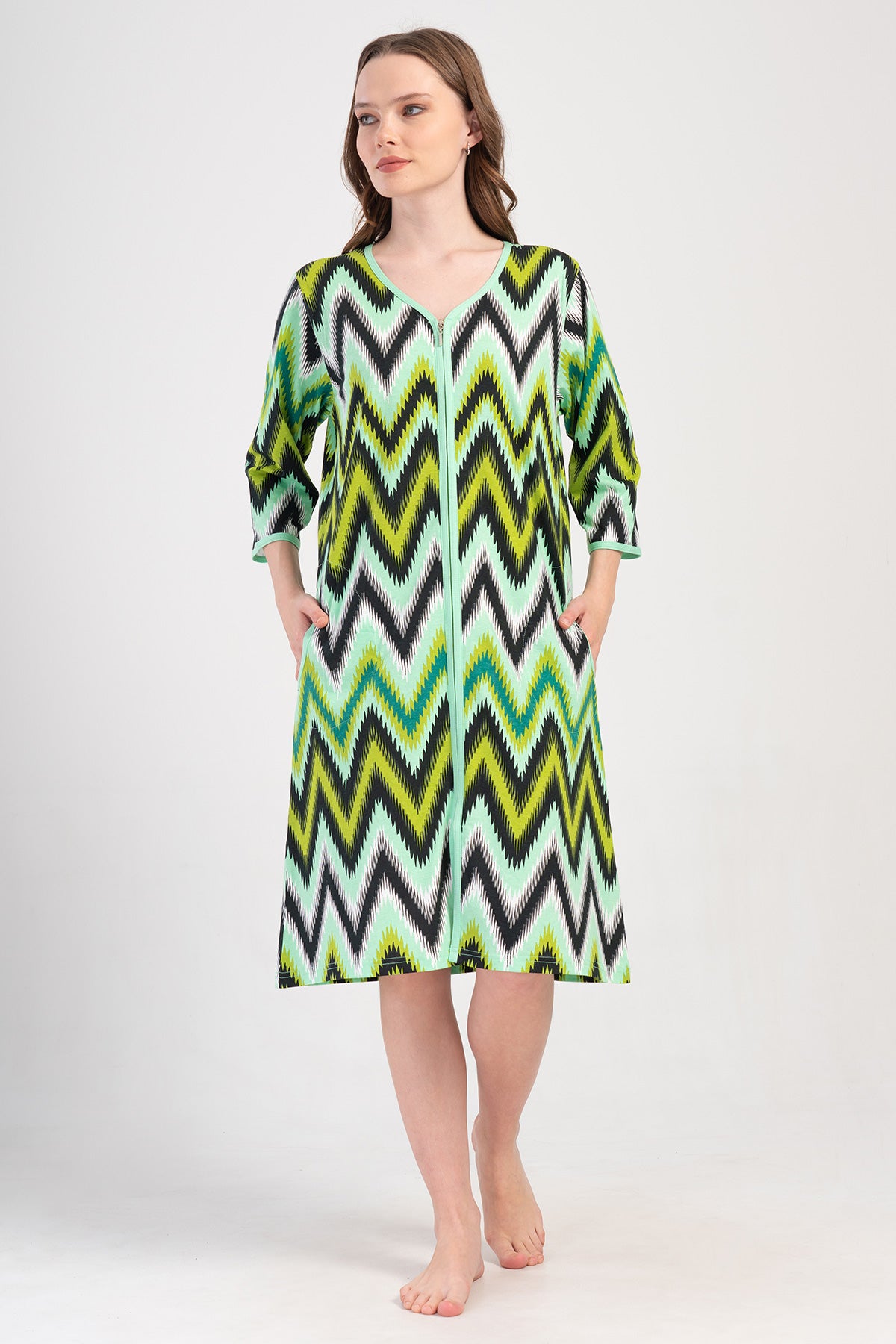 ROCHIE DE CASĂ DE DAMĂ P.SUPREM BATTAL XXL, CU MÂNECĂ 3/4, CU FERMOAR ȘI BUZUNARE - MENTĂ