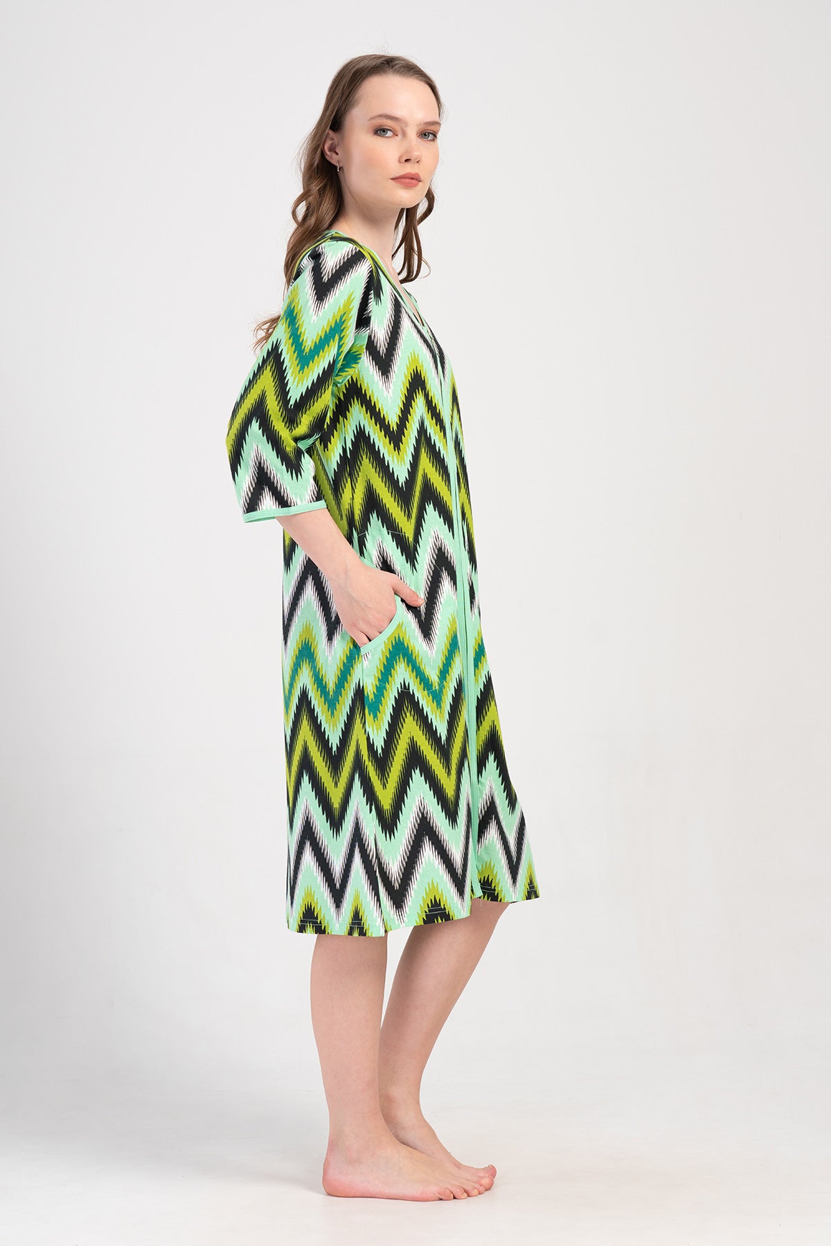 ROCHIE DE CASĂ DE DAMĂ P.SUPREM BATTAL XXL, CU MÂNECĂ 3/4, CU FERMOAR ȘI BUZUNARE - MENTĂ