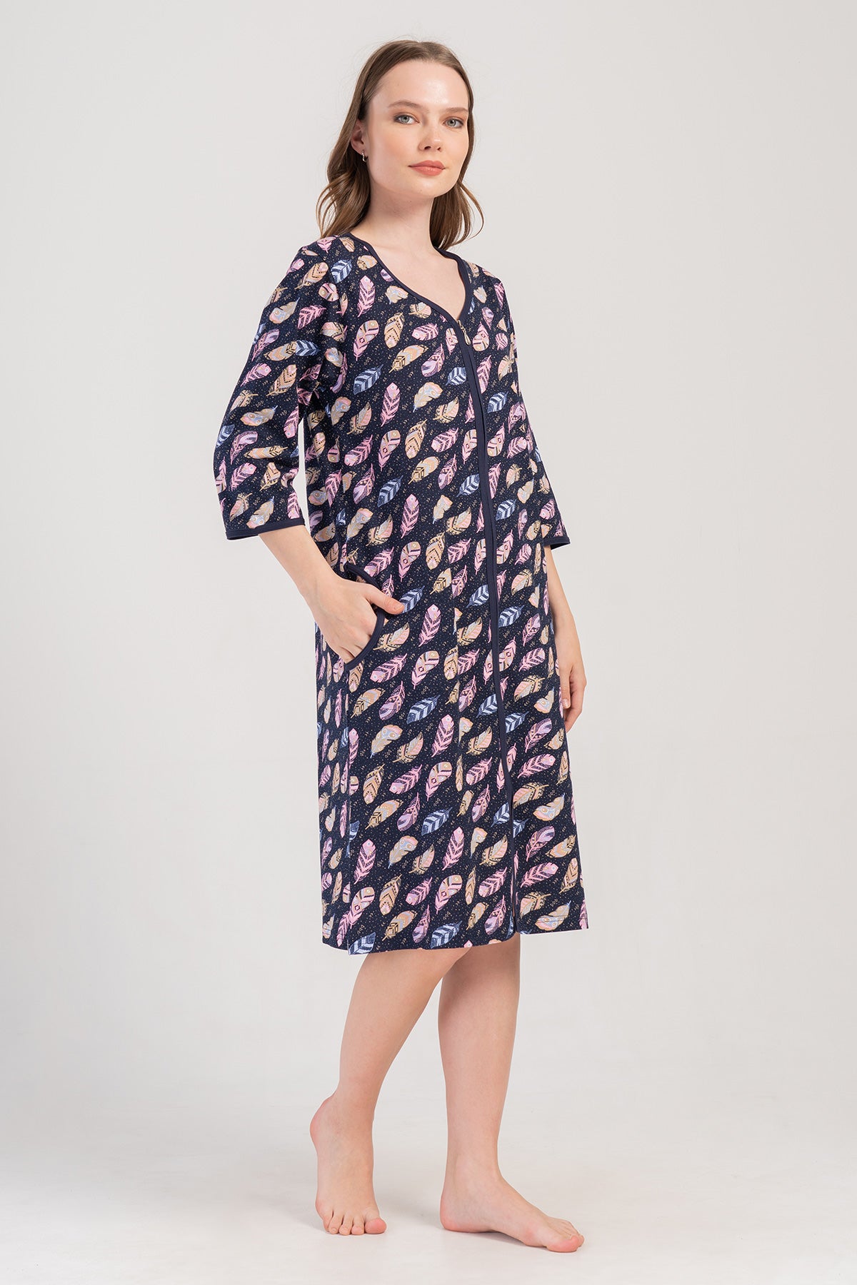 ROCHIE DE CASĂ DAMĂ P.SUPREM BATTAL XXL 3/4 MÂNECĂ CU FERMOAR CU BUZUNAR – BLEUMARIN
