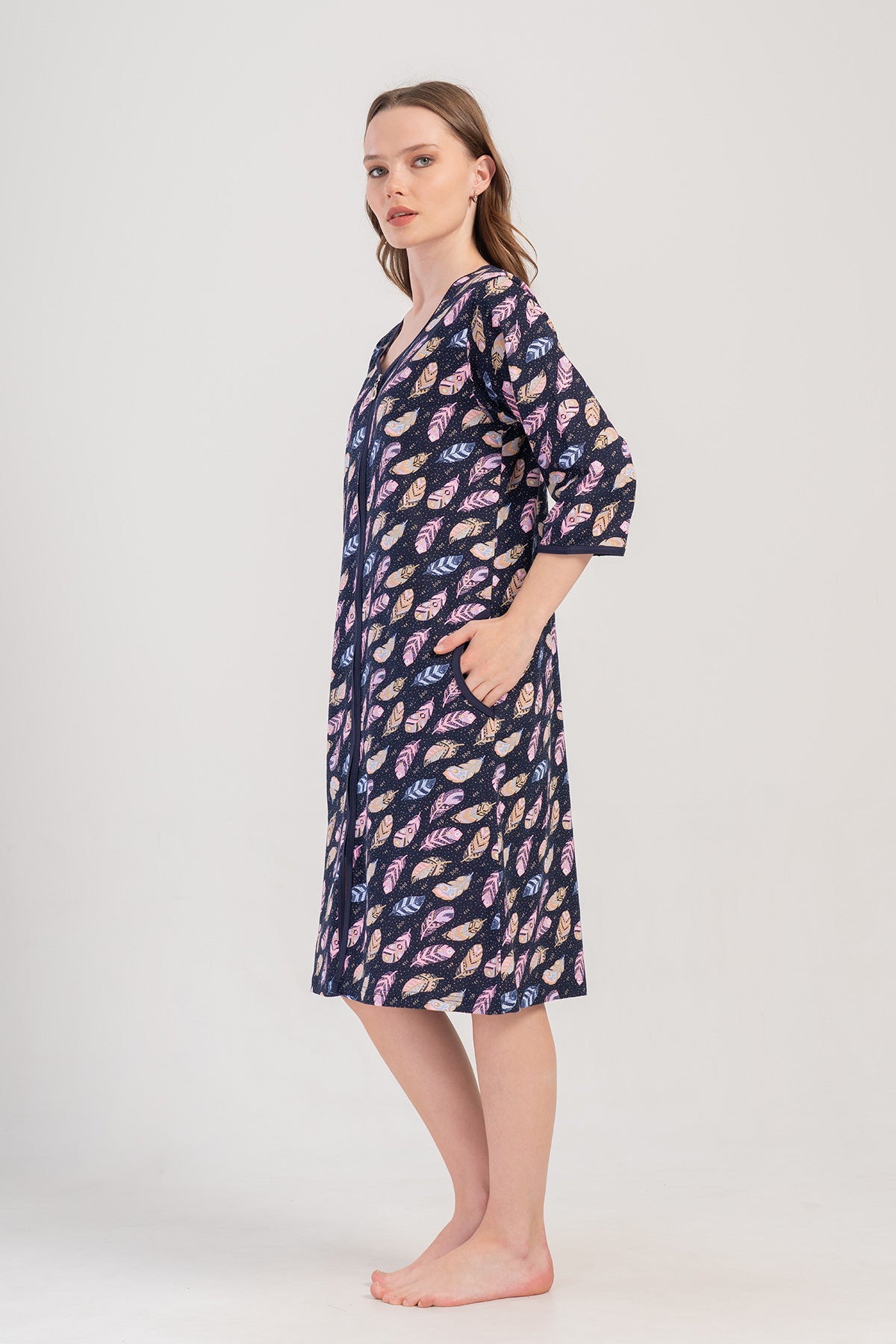 ROCHIE DE CASĂ DAMĂ P.SUPREM BATTAL XXL 3/4 MÂNECĂ CU FERMOAR CU BUZUNAR – BLEUMARIN