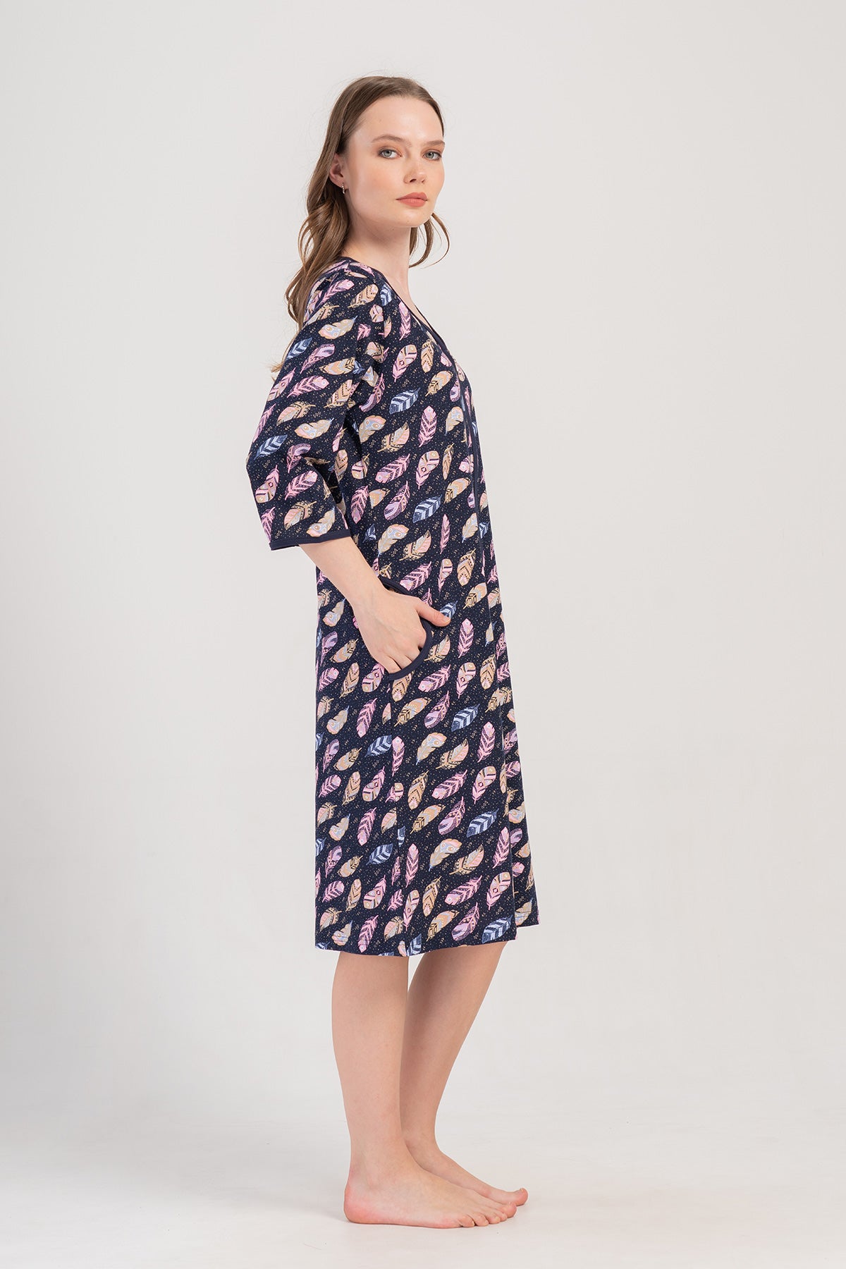 ROCHIE DE CASĂ DAMĂ P.SUPREM BATTAL XXL 3/4 MÂNECĂ CU FERMOAR CU BUZUNAR – BLEUMARIN