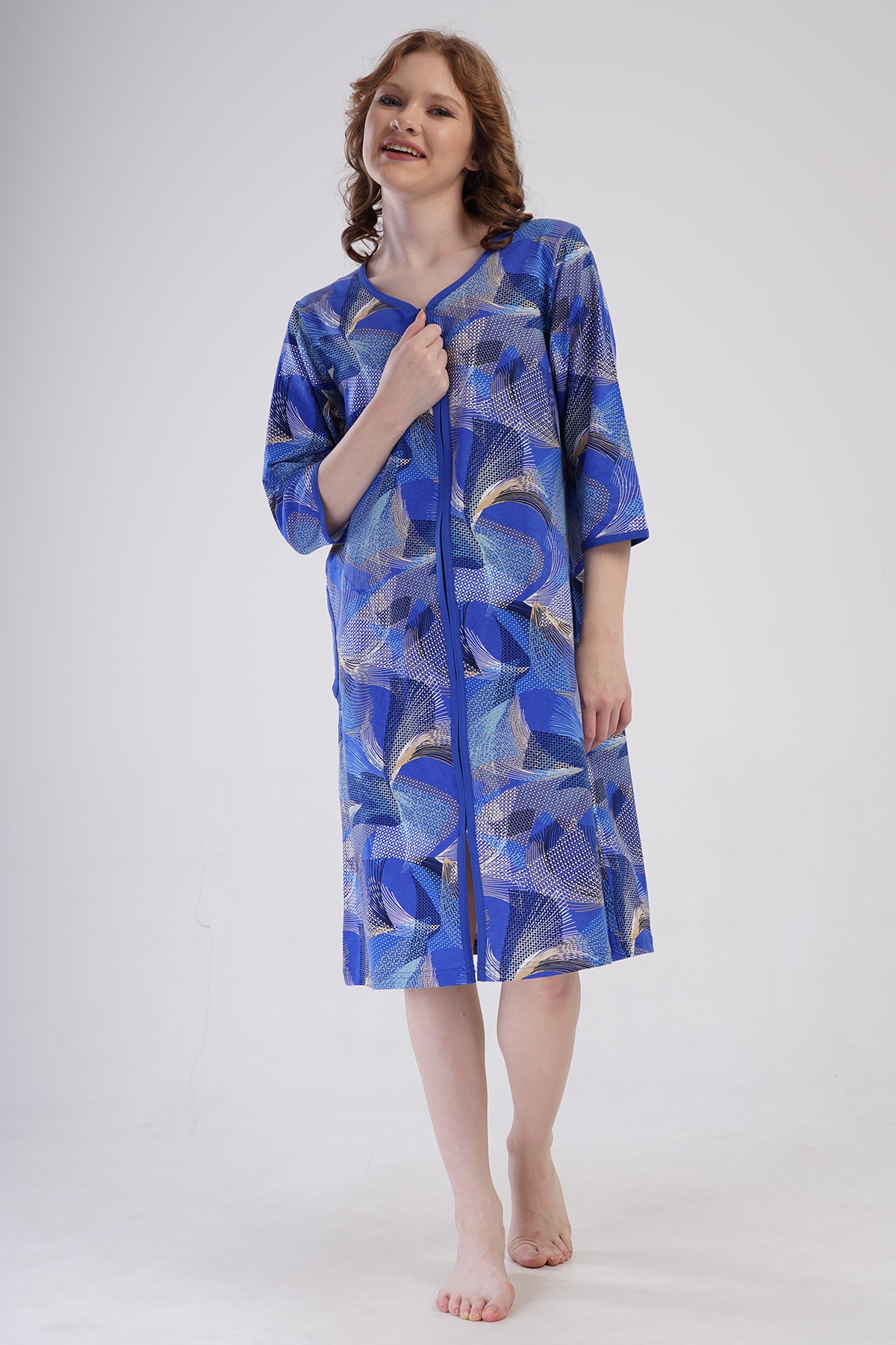 ROCHIE DE CASĂ DE DAMĂ P.SUPREM XXL, CU MÂNECĂ 3/4, FERMOAR ȘI BUZUNARE - ALBASTRU