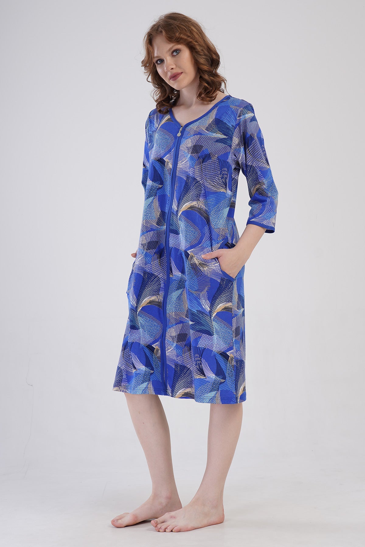ROCHIE DE CASĂ DE DAMĂ P.SUPREM XXL, CU MÂNECĂ 3/4, FERMOAR ȘI BUZUNARE - ALBASTRU