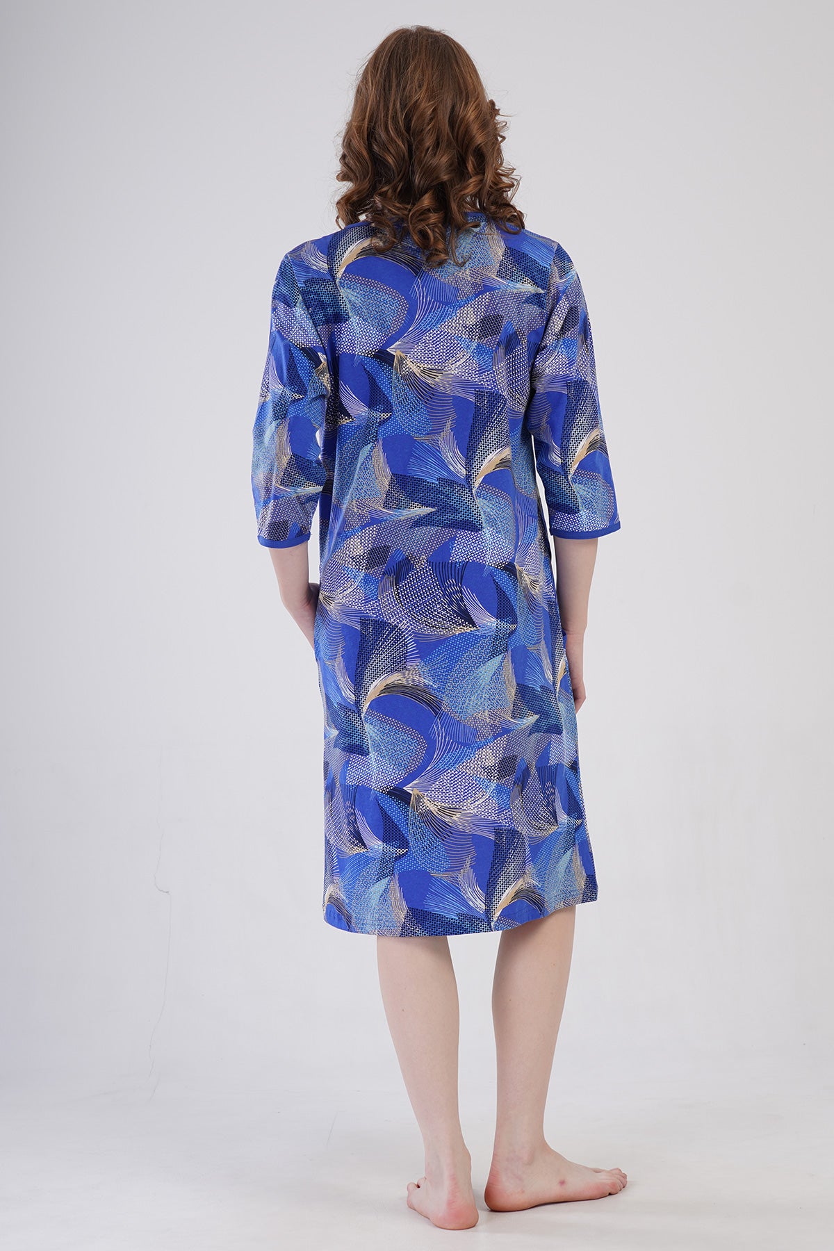 ROCHIE DE CASĂ DE DAMĂ P.SUPREM XXL, CU MÂNECĂ 3/4, FERMOAR ȘI BUZUNARE - ALBASTRU