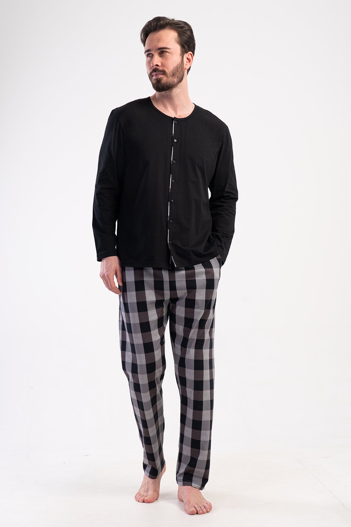 PIJAMA BĂRBAȚI CU BUZUNARE, SUPREM XXL, CU NASTURI PE TOATĂ LUNGIMEA, MÂNECĂ LUNGĂ - NEGRU