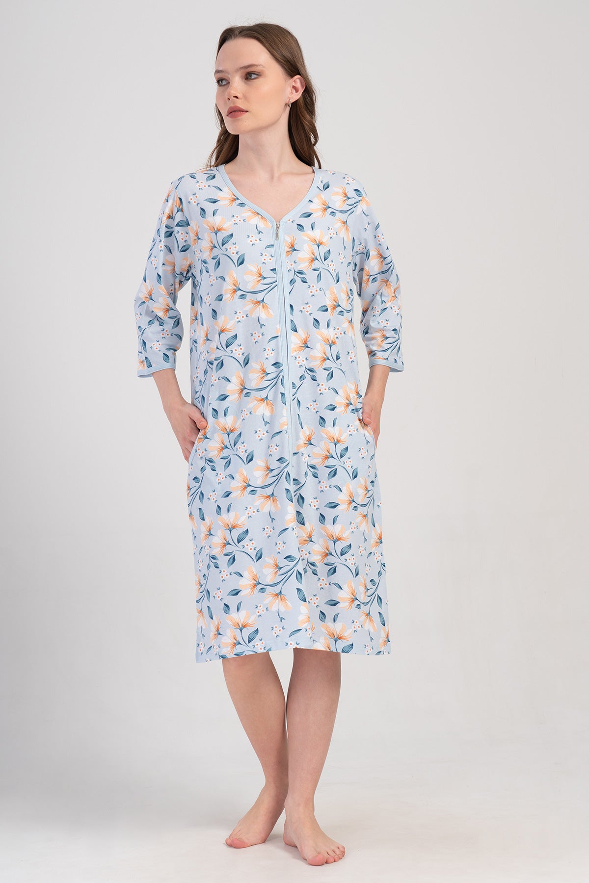ROCHIE DE CASĂ DE DAMĂ P.SUPREM XXL 3/4 MÂNECI, CU FERMOAR ȘI BUZUNARE - ALBASTRU