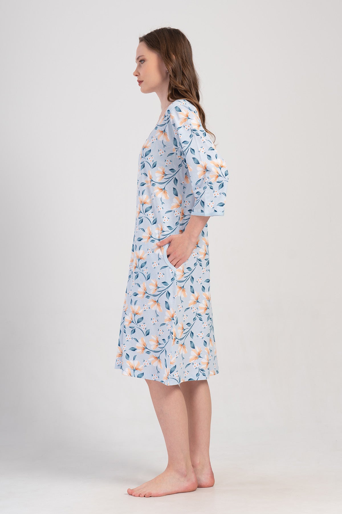 ROCHIE DE CASĂ DE DAMĂ P.SUPREM XXL 3/4 MÂNECI, CU FERMOAR ȘI BUZUNARE - ALBASTRU