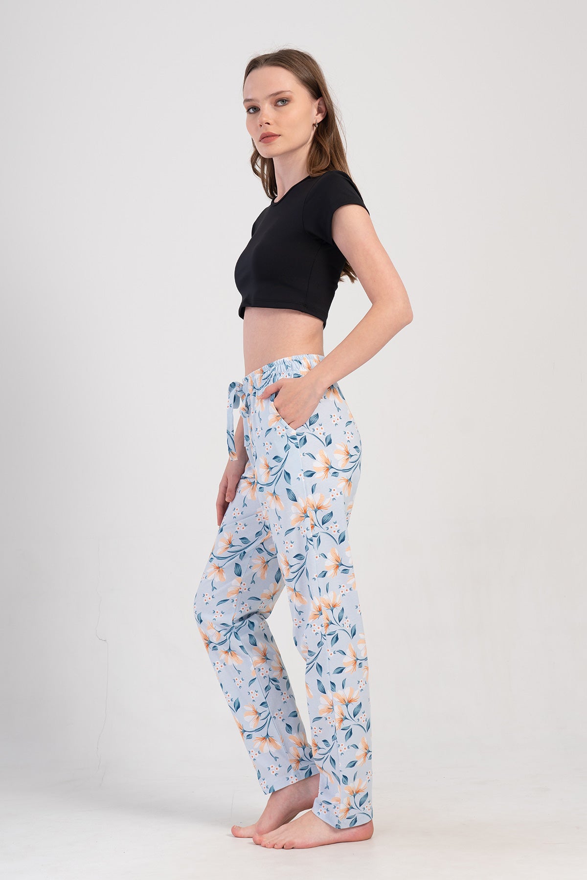 PANTALONI DE PIJAMA DE DAMĂ, CU BUZUNARE, PIECING SUPREM - ALBASTRU
