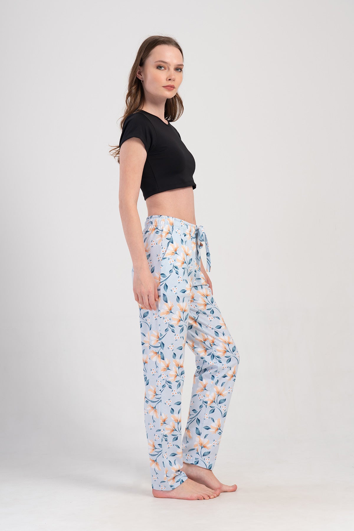 PANTALONI DE PIJAMA DE DAMĂ, CU BUZUNARE, PIECING SUPREM - ALBASTRU