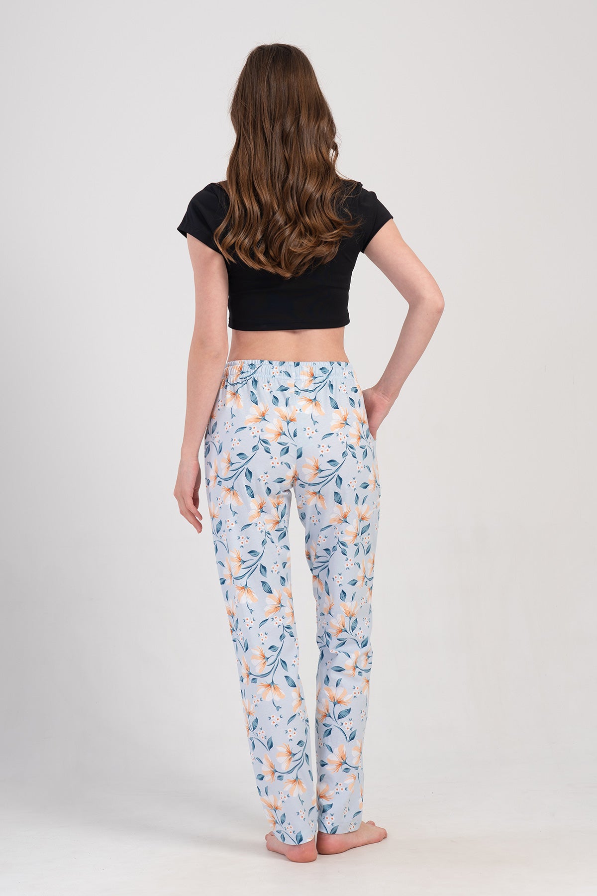 PANTALONI DE PIJAMA DE DAMĂ, CU BUZUNARE, PIECING SUPREM - ALBASTRU