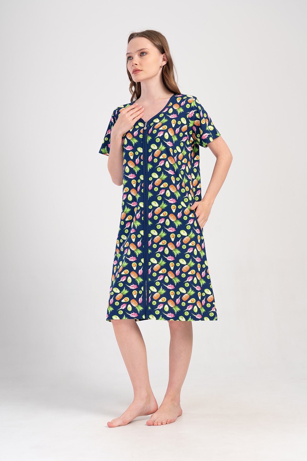 ROCHIE DE CASĂ DE DAMĂ P.SUPREM XXL CU MÂNECĂ SCURTĂ, FERMOAR ȘI BUZUNARE - BLEUMARIN ÎNCHIS