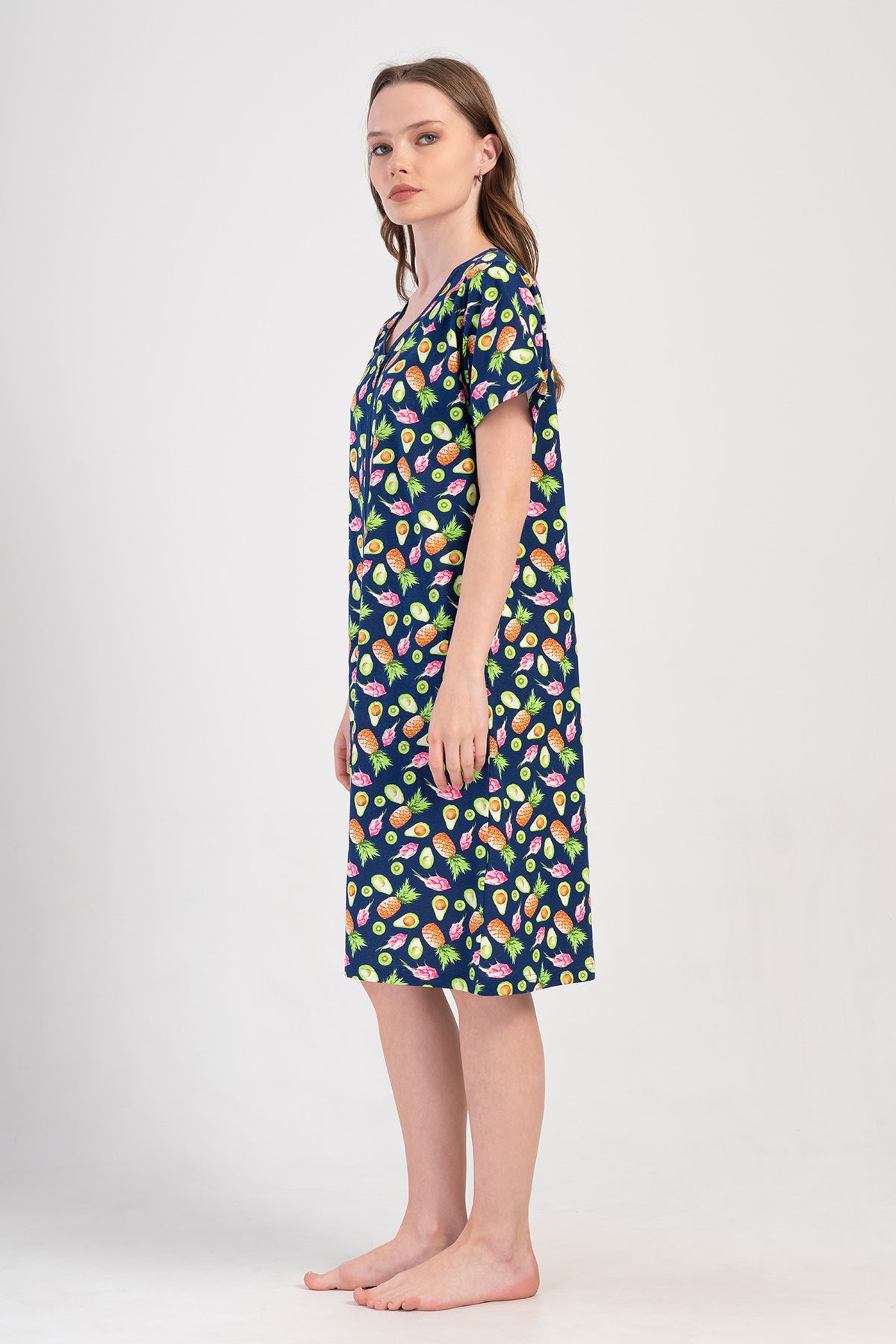 ROCHIE DE CASĂ DE DAMĂ P.SUPREM XXL CU MÂNECĂ SCURTĂ, FERMOAR ȘI BUZUNARE - BLEUMARIN ÎNCHIS