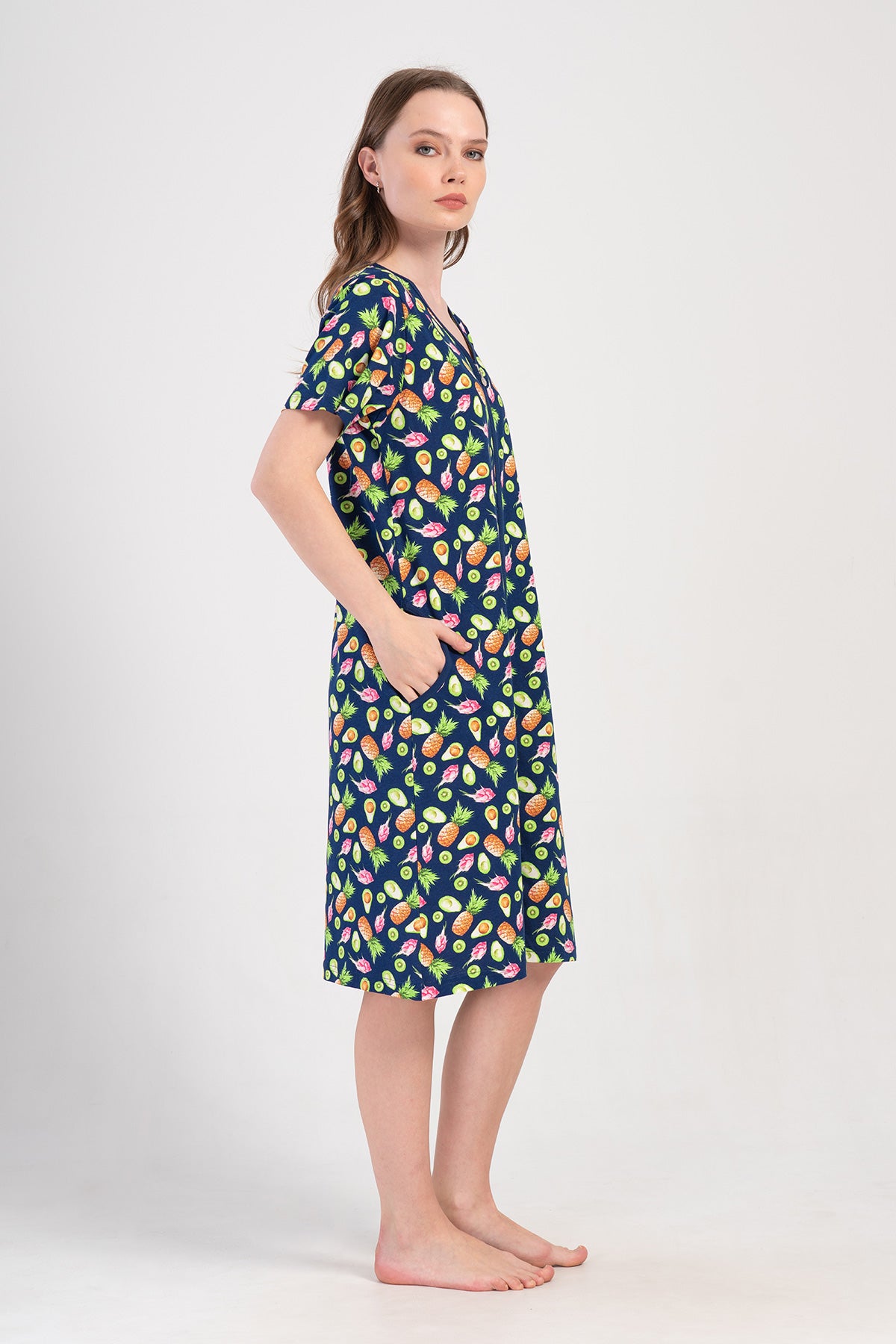 ROCHIE DE CASĂ DE DAMĂ P.SUPREM XXL CU MÂNECĂ SCURTĂ, FERMOAR ȘI BUZUNARE - BLEUMARIN ÎNCHIS