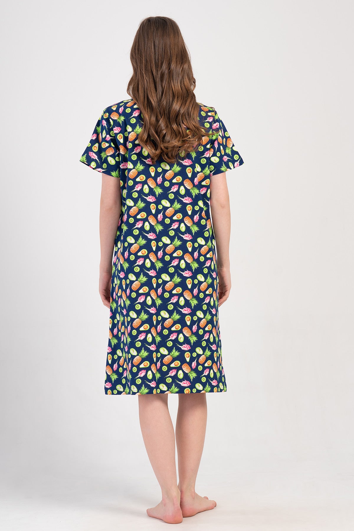 ROCHIE DE CASĂ DE DAMĂ P.SUPREM XXL CU MÂNECĂ SCURTĂ, FERMOAR ȘI BUZUNARE - BLEUMARIN ÎNCHIS