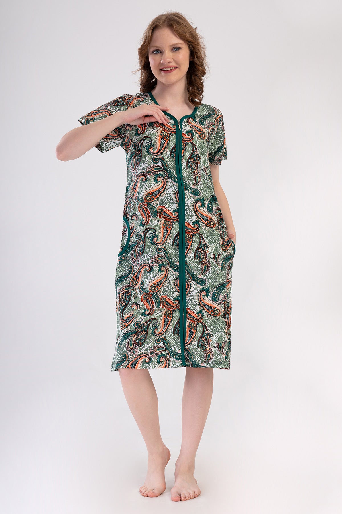 ROCHIE DE CASĂ DE DAMĂ P.SUPREM, CU MÂNECĂ SCURTĂ, CU FERMOAR ȘI BUZUNARE - KAKI