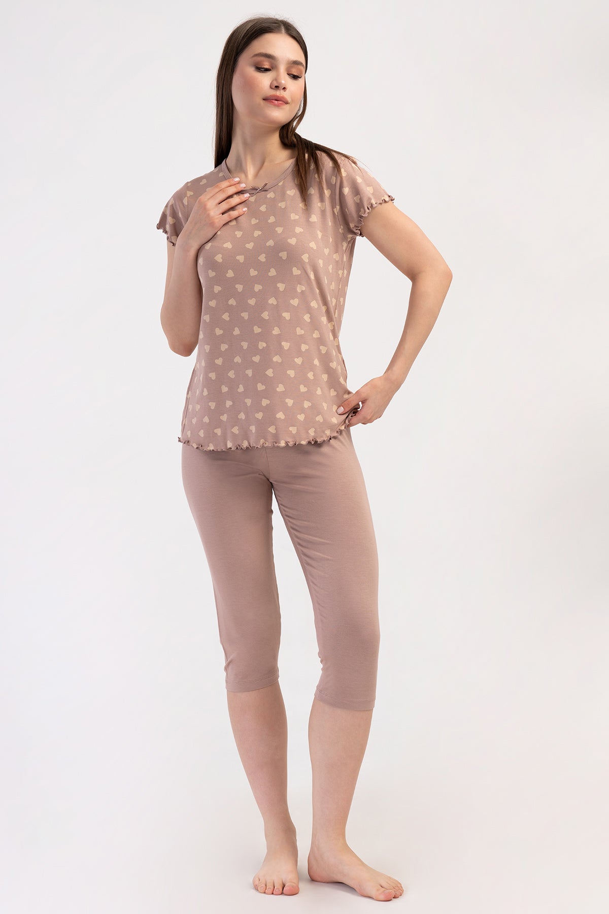 COSTUM CAPRI DE DAMA, FUSTA OVALA, MANECA SCURTA, CU GULER BARCA, VOLANASE SI FUNDITA, DIN LYCRA VASCOZA - ROZ PRAFUIT001