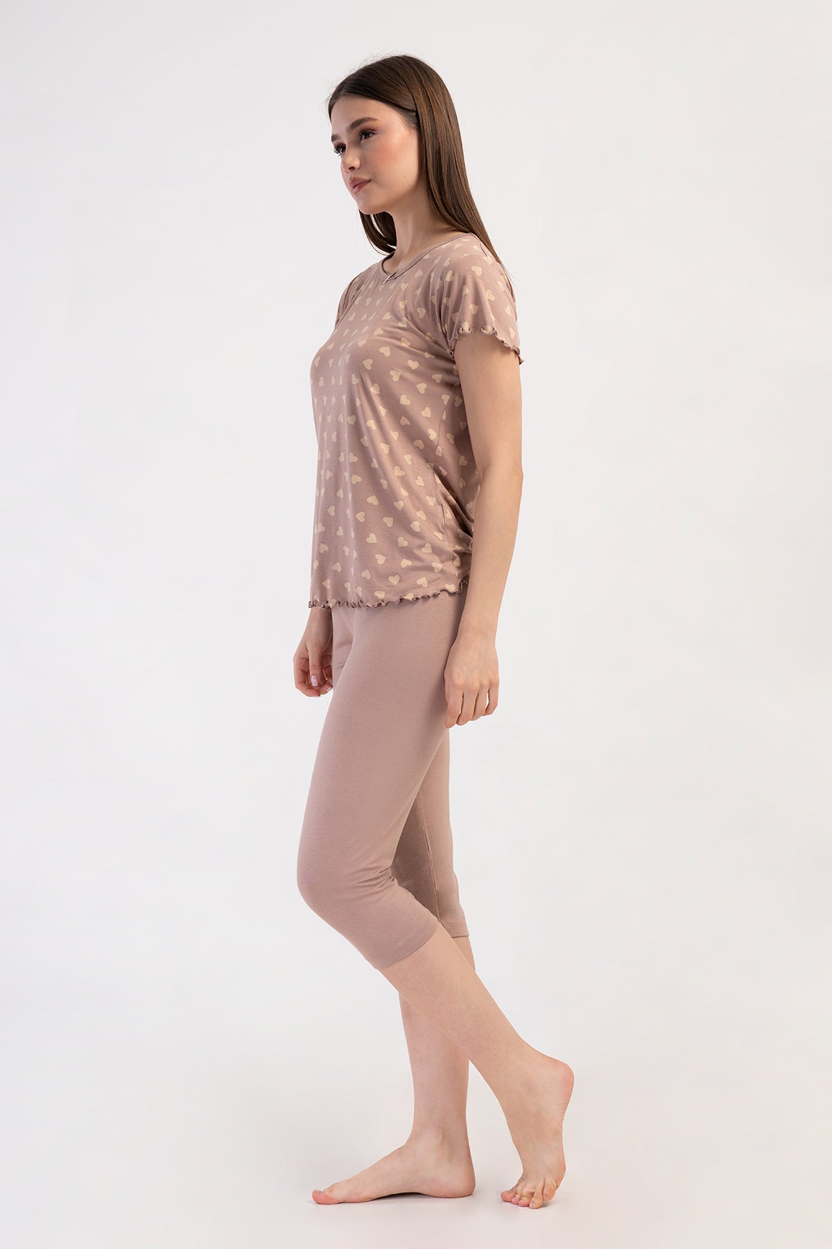 COSTUM CAPRI DE DAMA, FUSTA OVALA, MANECA SCURTA, CU GULER BARCA, VOLANASE SI FUNDITA, DIN LYCRA VASCOZA - ROZ PRAFUIT001