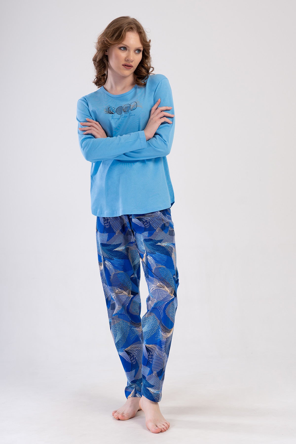 SET PIJAMALE FEMEI P.SUPREM XXL CU GULER ROTUND, MÂNECĂ LUNGĂ, TIV OVAL - ALBASTRU