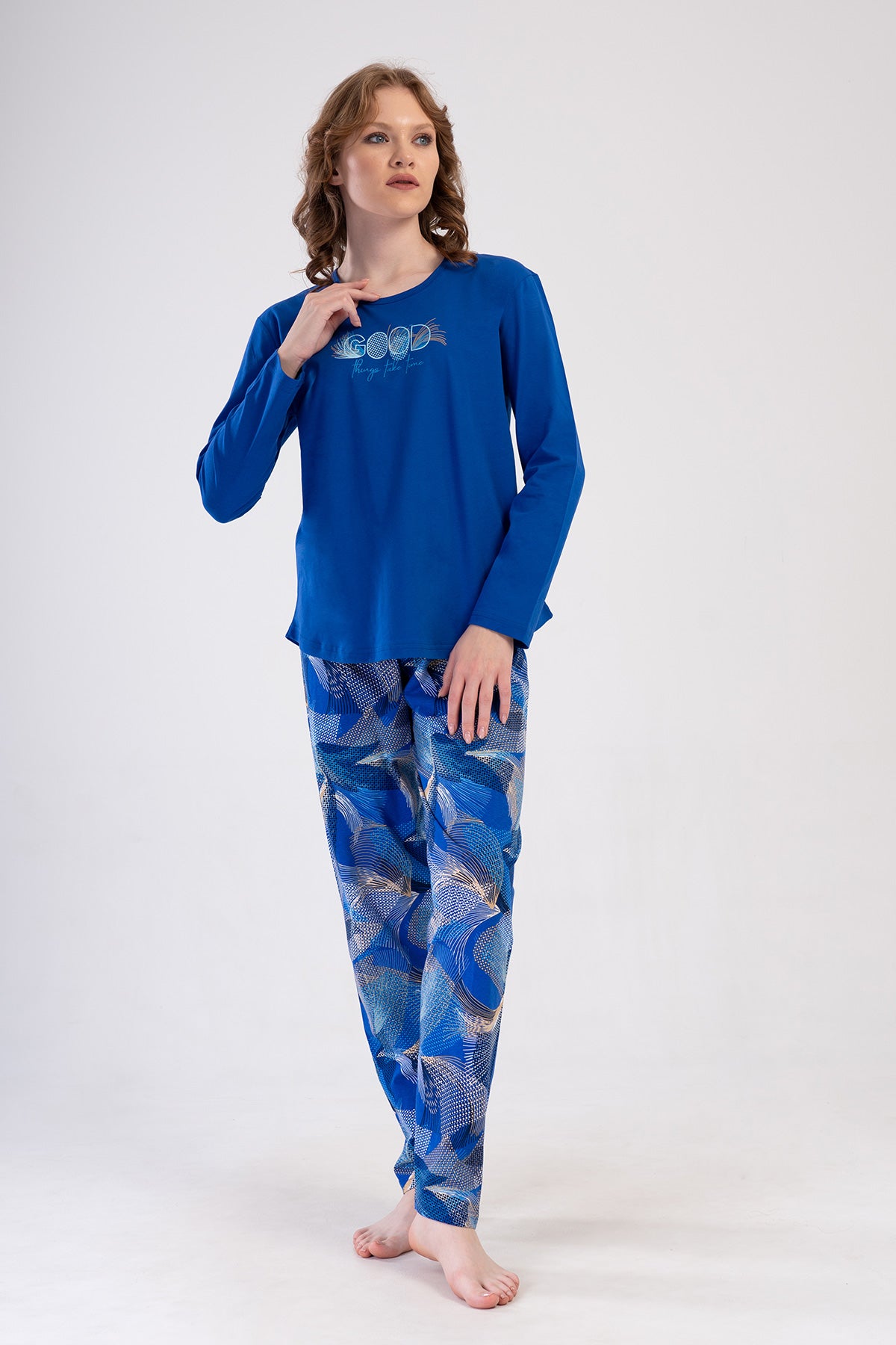 SET PIJAMALE DAMA P.SUPREM XXL Guler ROTUND MANECA LUNGA TIV OVAL - SAX