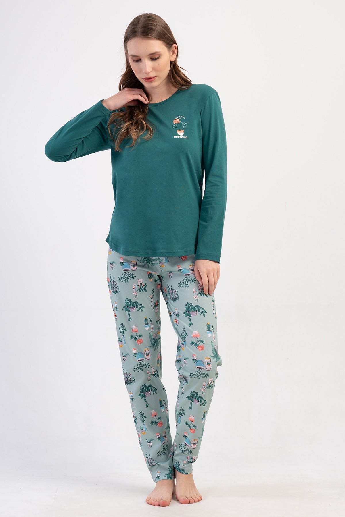 SET PIJAMA DE DAMĂ, DECOLTEU ROTUND, MÂNECĂ LUNGĂ, TIV OVAL - VERDE