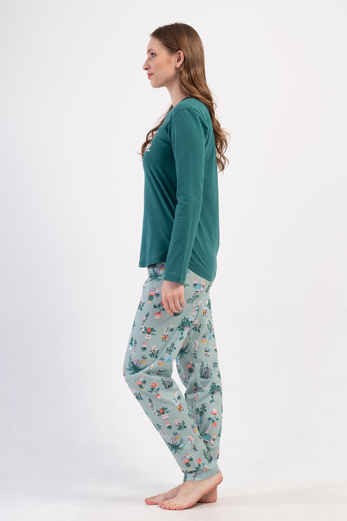 SET PIJAMA DE DAMĂ, DECOLTEU ROTUND, MÂNECĂ LUNGĂ, TIV OVAL - VERDE