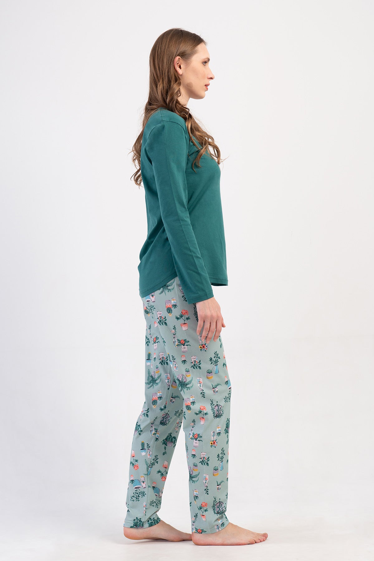SET PIJAMA DE DAMĂ, DECOLTEU ROTUND, MÂNECĂ LUNGĂ, TIV OVAL - VERDE
