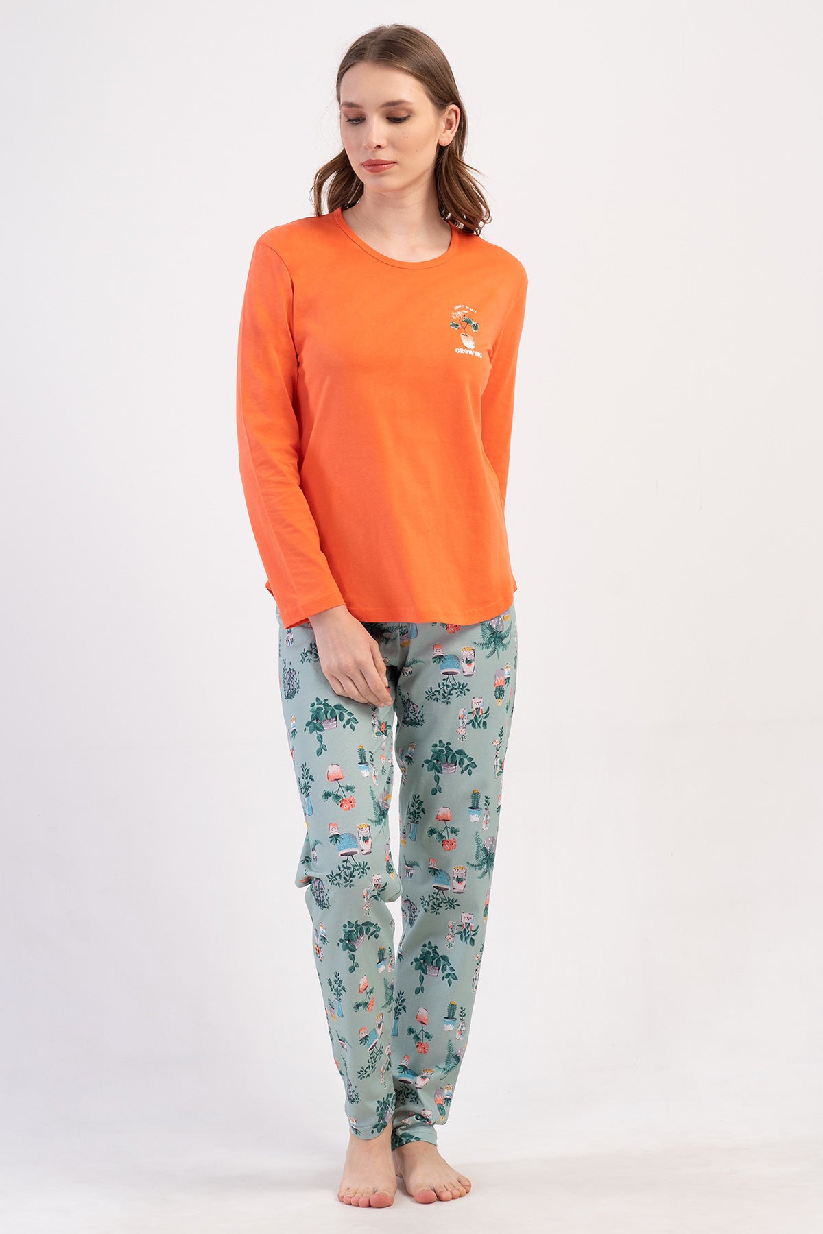 FEMEIE P.SUPREM Guler O Mânecă Lungă Tivit Oval Pijama Set - CORAL