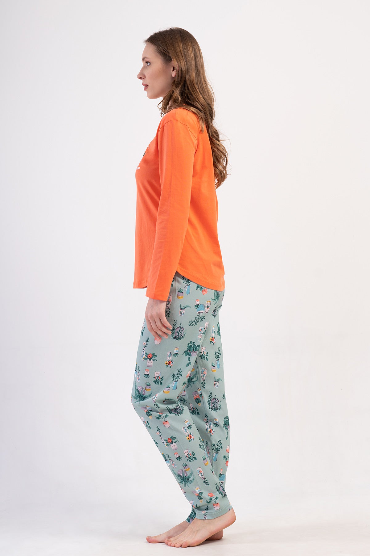FEMEIE P.SUPREM Guler O Mânecă Lungă Tivit Oval Pijama Set - CORAL