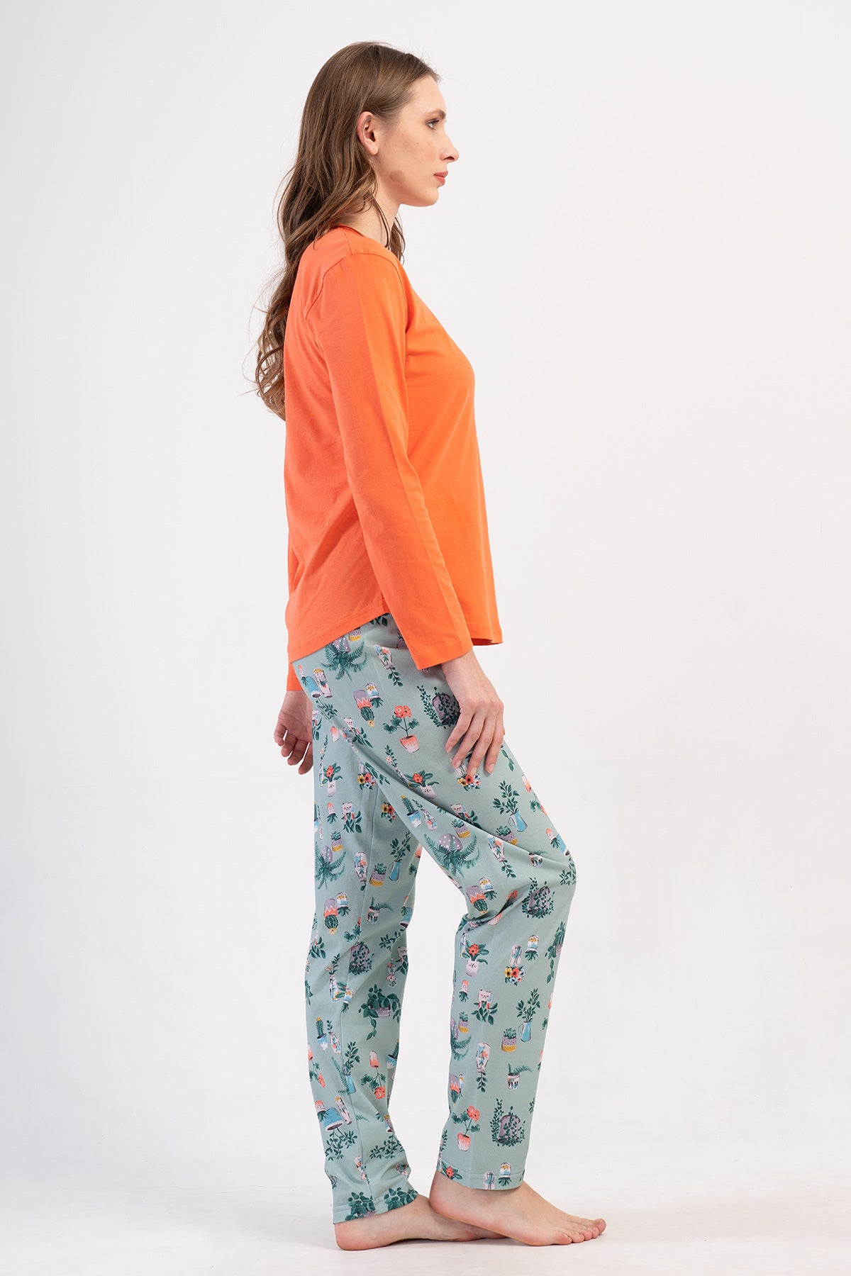 FEMEIE P.SUPREM Guler O Mânecă Lungă Tivit Oval Pijama Set - CORAL