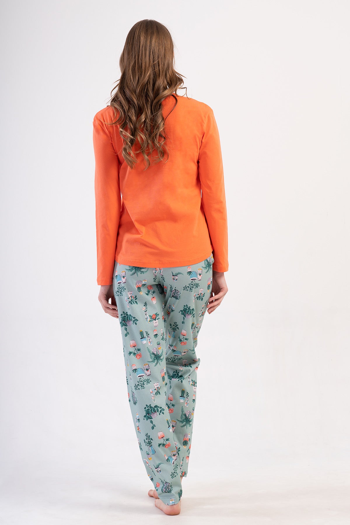 FEMEIE P.SUPREM Guler O Mânecă Lungă Tivit Oval Pijama Set - CORAL