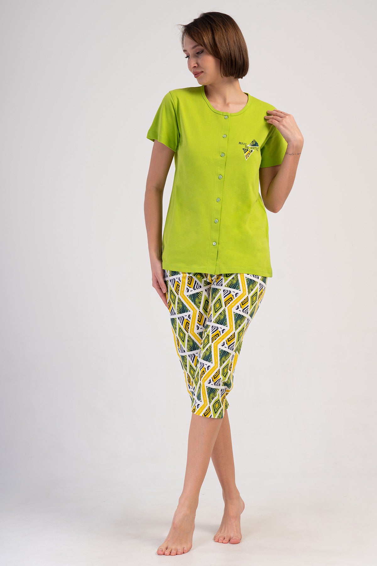 SET CAPRI DAMĂ, MÂNECĂ SCURTĂ, CU NASTURI PE TOATĂ LUNGIMEA P.SUPREM - VERDE CELADON