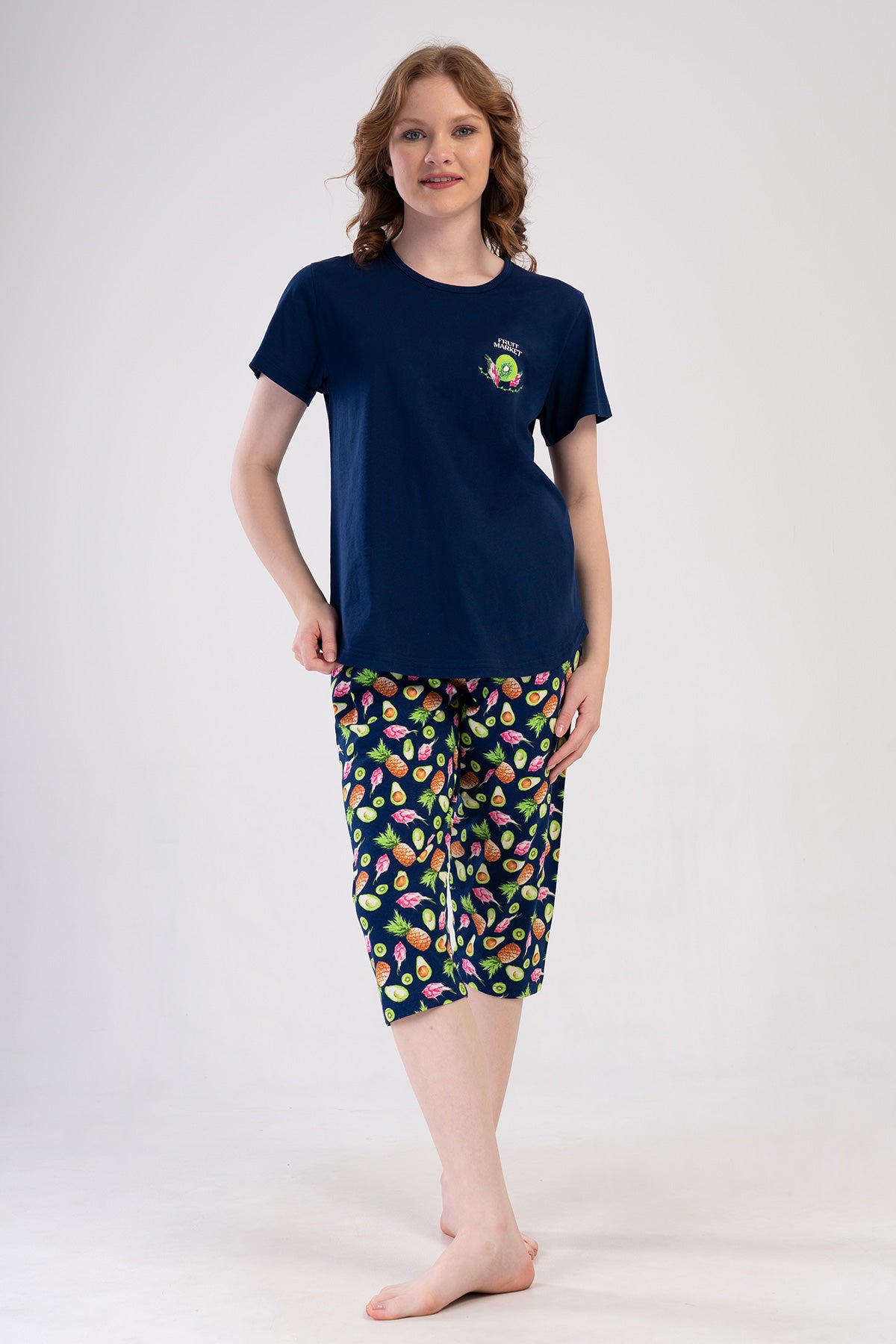 COSTUM DAMĂ P.SUPREM XXL Guler ROTUND Mânecă SCURTĂ Tiv oval Pantaloni CAPRI - BLEUMARIN ÎNCHIS