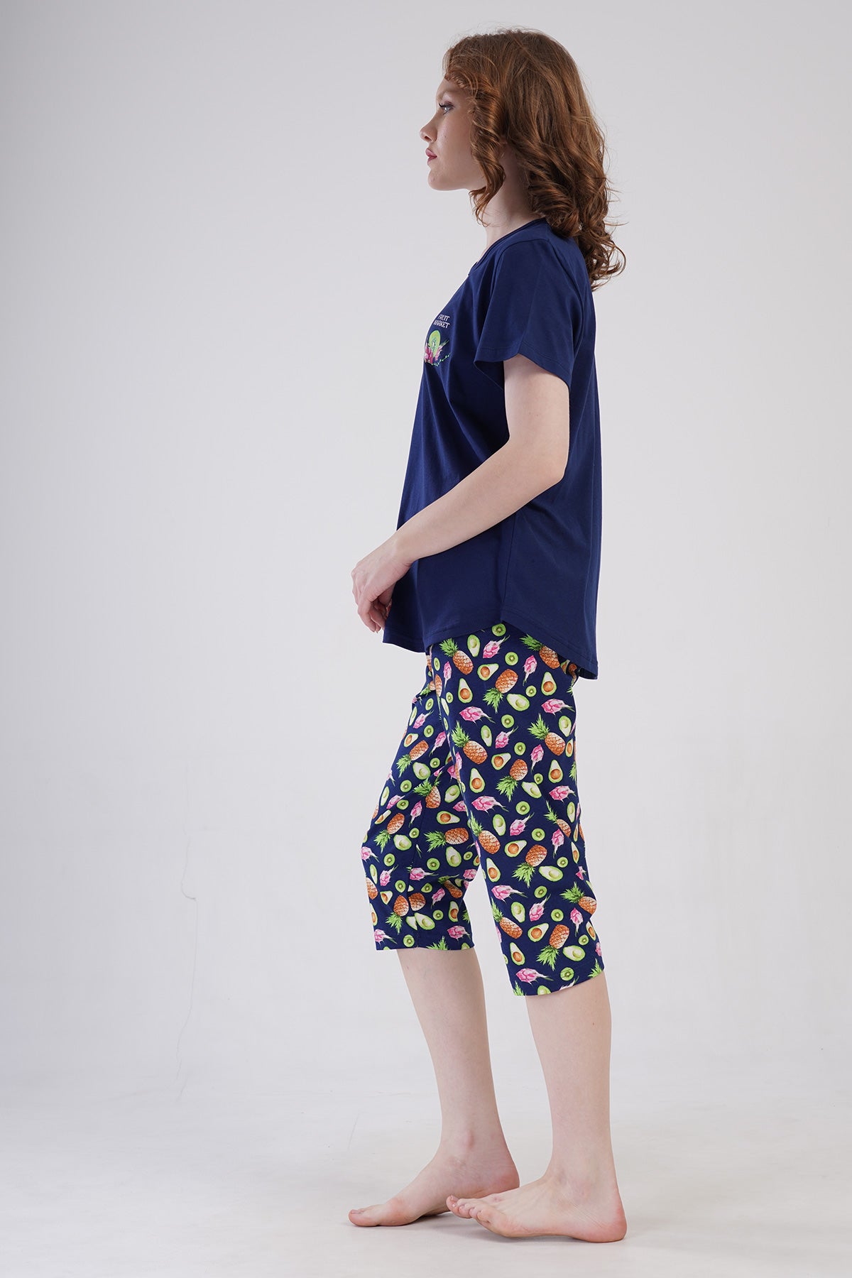 COSTUM DAMĂ P.SUPREM XXL Guler ROTUND Mânecă SCURTĂ Tiv oval Pantaloni CAPRI - BLEUMARIN ÎNCHIS