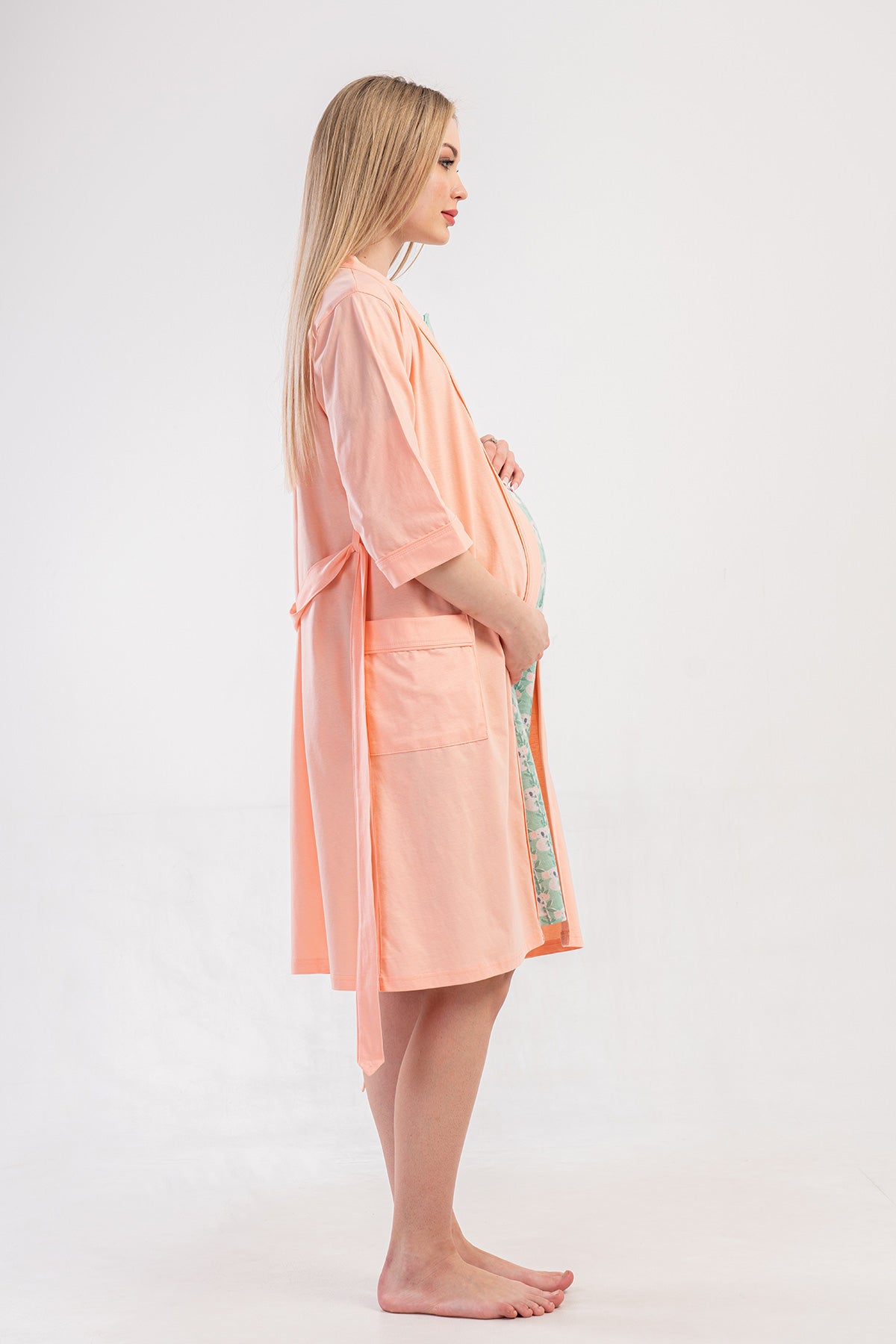SET CĂMAȘĂ DE NOAPTE CU MÂNECĂ 3/4 ȘI TUNICA DE GRAVIDĂ CU MÂNECĂ SCURTĂ CU PAT PLIN ÎN FAȚĂ FEMEI P.SUPREM - BABY PINK