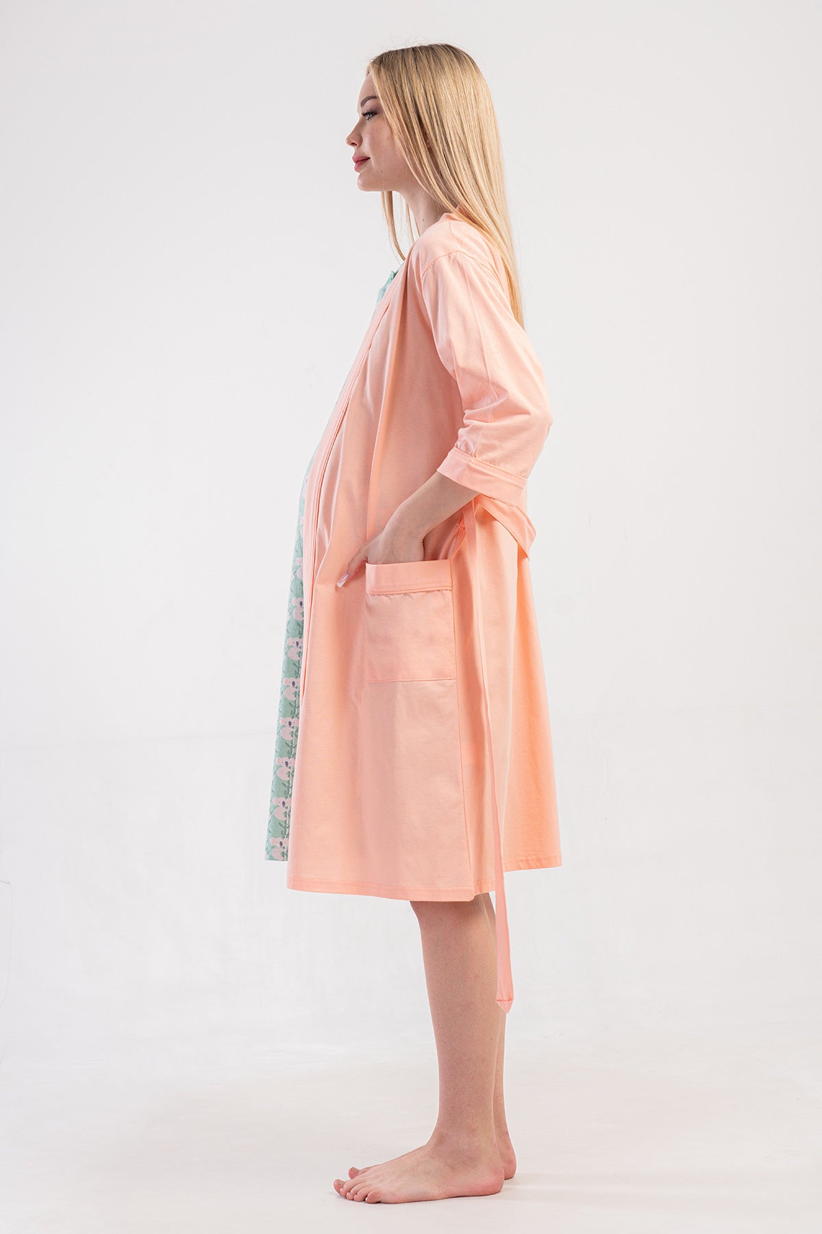 SET CĂMAȘĂ DE NOAPTE CU MÂNECĂ 3/4 ȘI TUNICA DE GRAVIDĂ CU MÂNECĂ SCURTĂ CU PAT PLIN ÎN FAȚĂ FEMEI P.SUPREM - BABY PINK