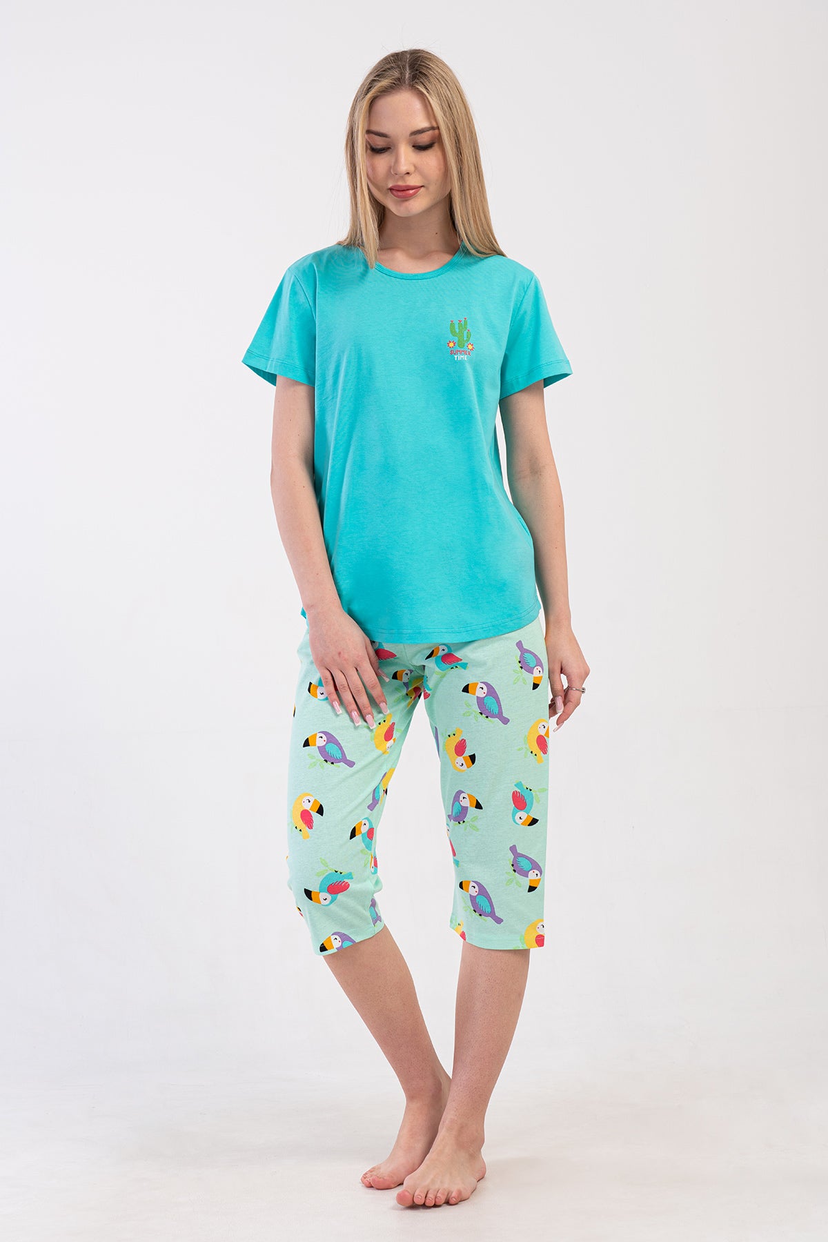 COSTUM CAPRI FEMEI P.SUPREM DE VARĂ, GÂT ROTUND, MÂNECĂ SCURTĂ, TIV OVAL - TURCOAZ