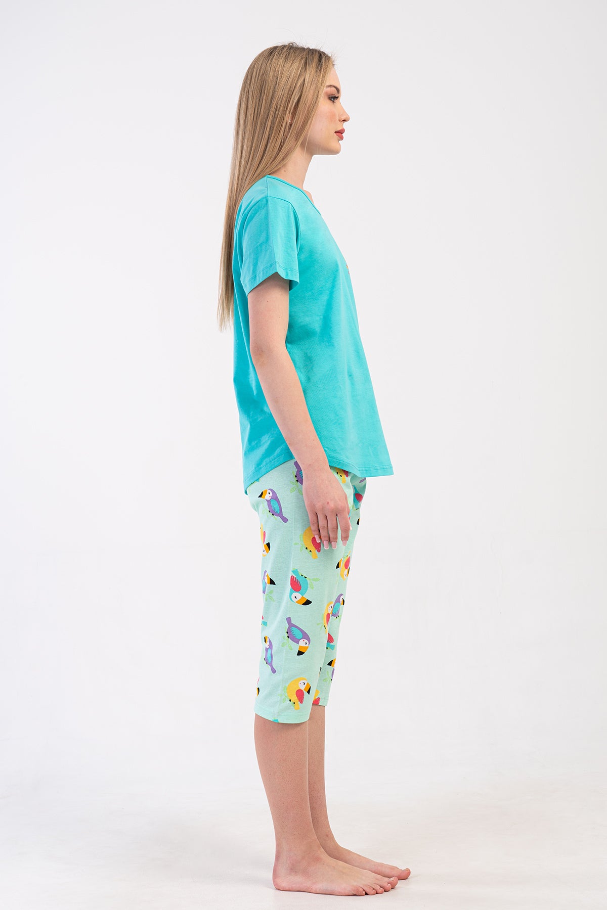 COSTUM CAPRI FEMEI P.SUPREM DE VARĂ, GÂT ROTUND, MÂNECĂ SCURTĂ, TIV OVAL - TURCOAZ